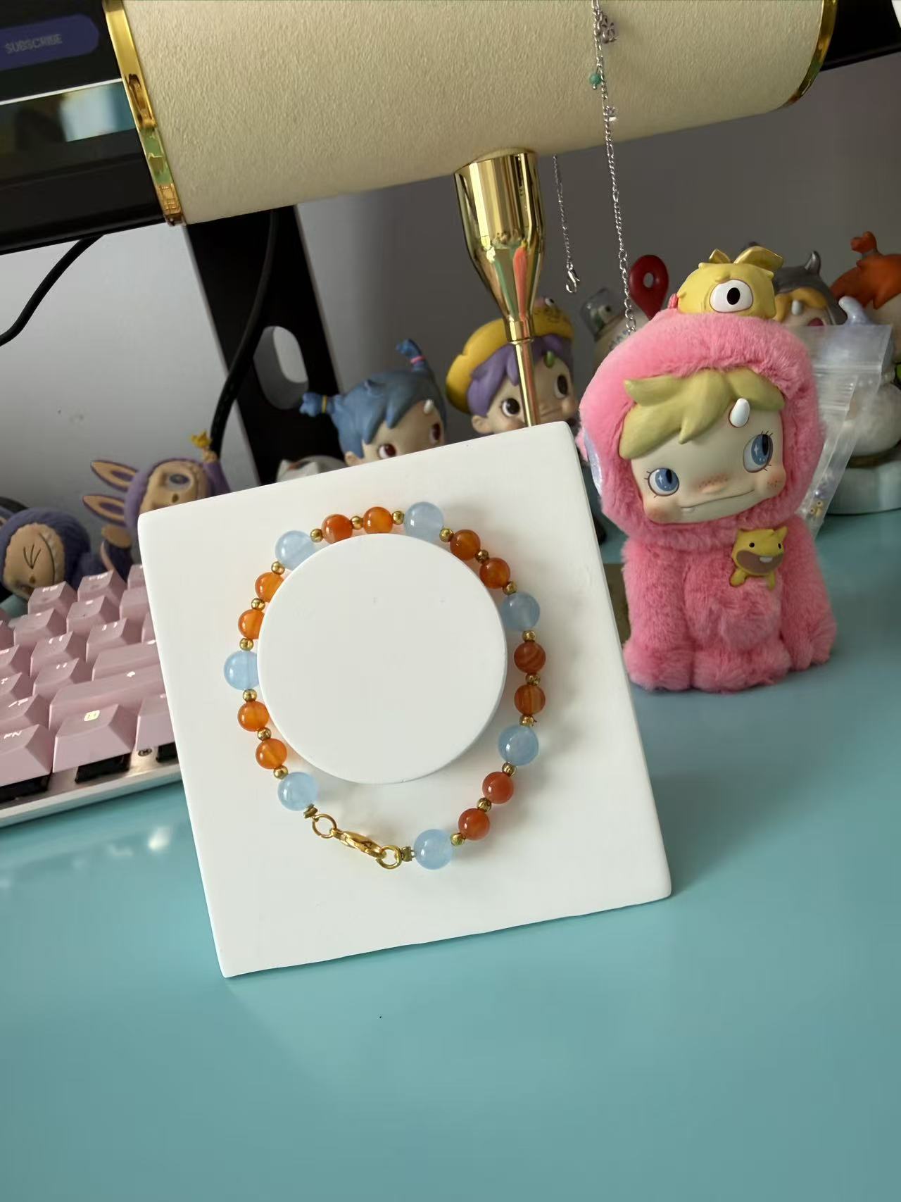 Natural Blue Chalcedony & Orange Agate Beaded Bracelet with Gold Accents B187
