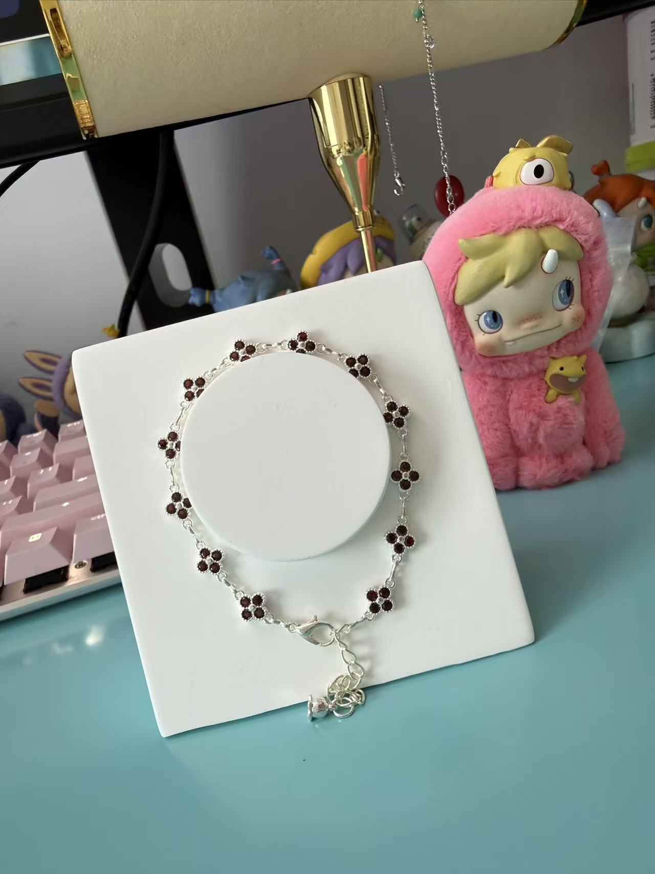 Dainty Silver Four-Leaf Clover Bracelet with Pink Zircon Accents B20