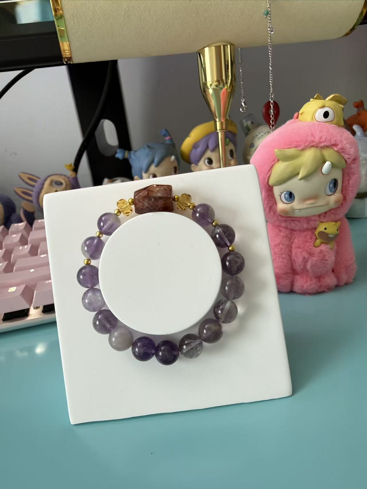 Natural Amethyst Bracelet with Red Phantom Quartz & Gold Accents B99