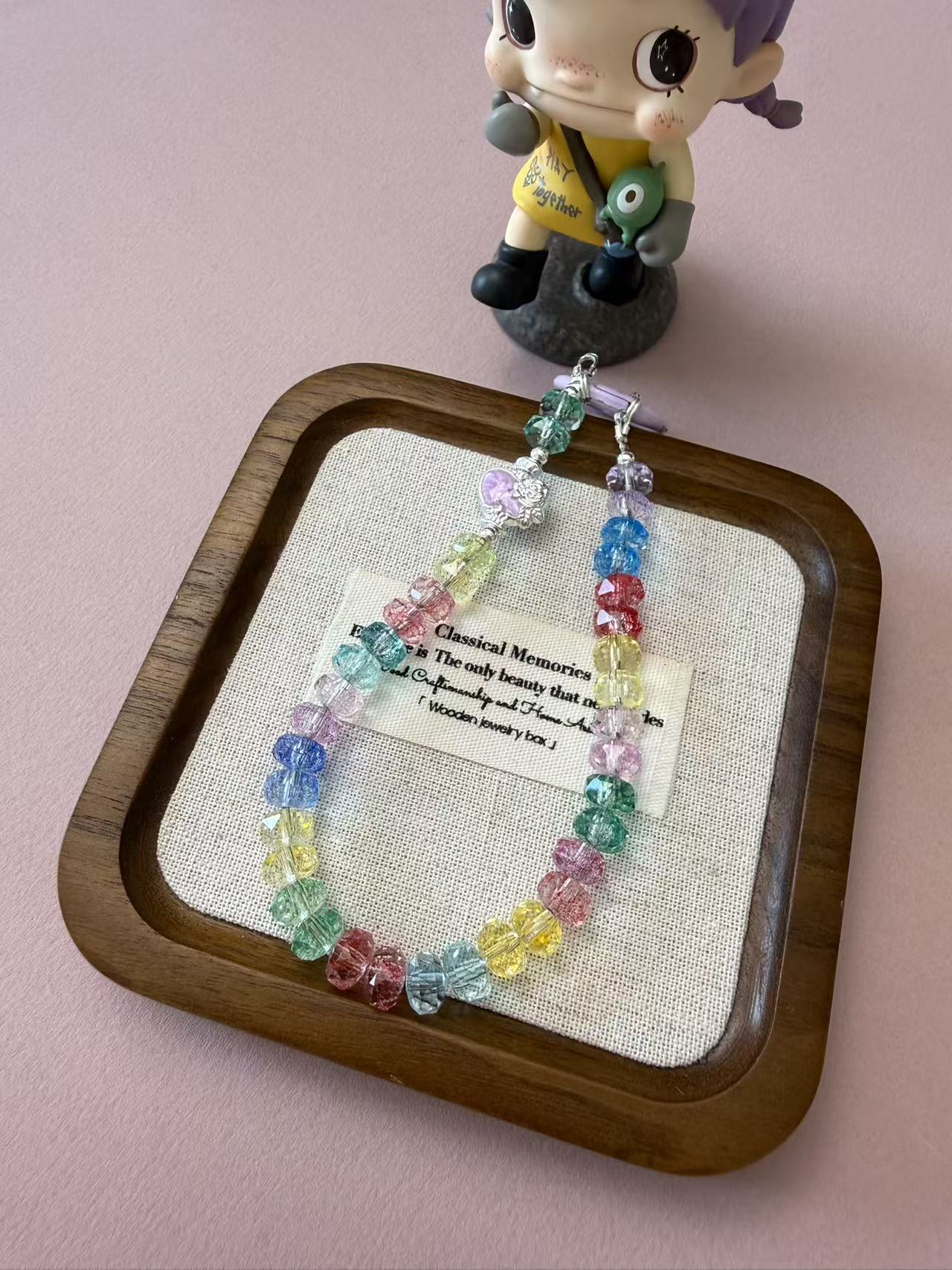 Rainbow Faceted Crackle Glass Phone Strap with Silver Heart Charm P10