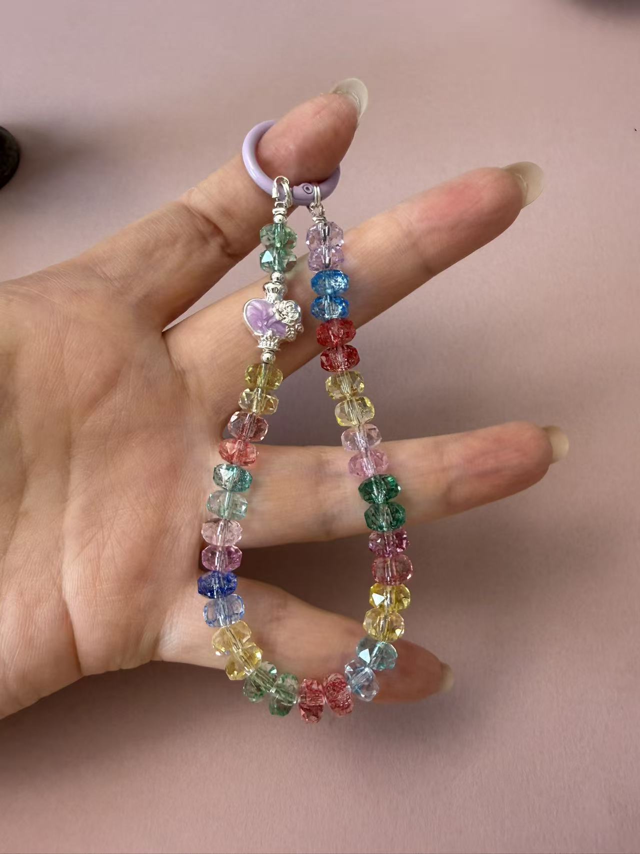 Rainbow Faceted Crackle Glass Phone Strap with Silver Heart Charm P10