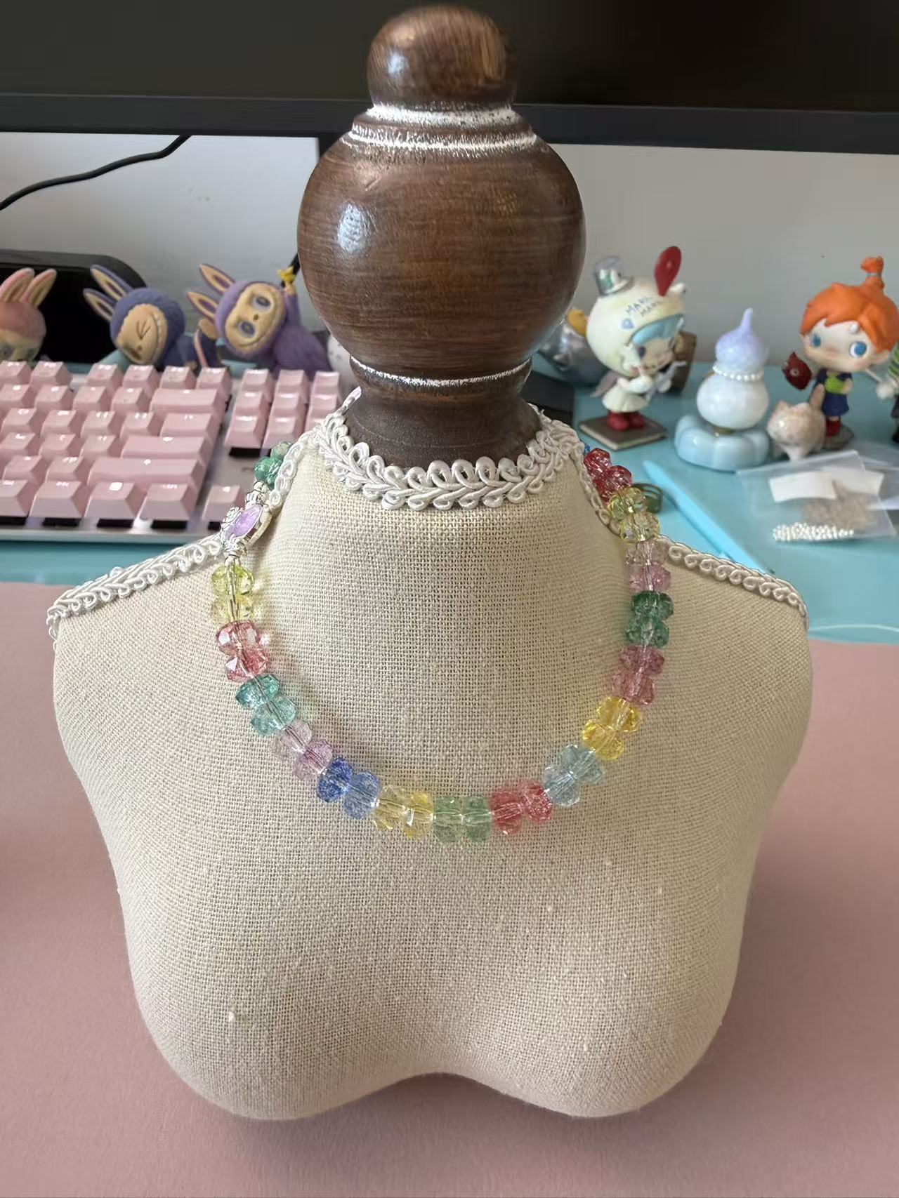 Rainbow Faceted Crackle Glass Phone Strap with Silver Heart Charm P10