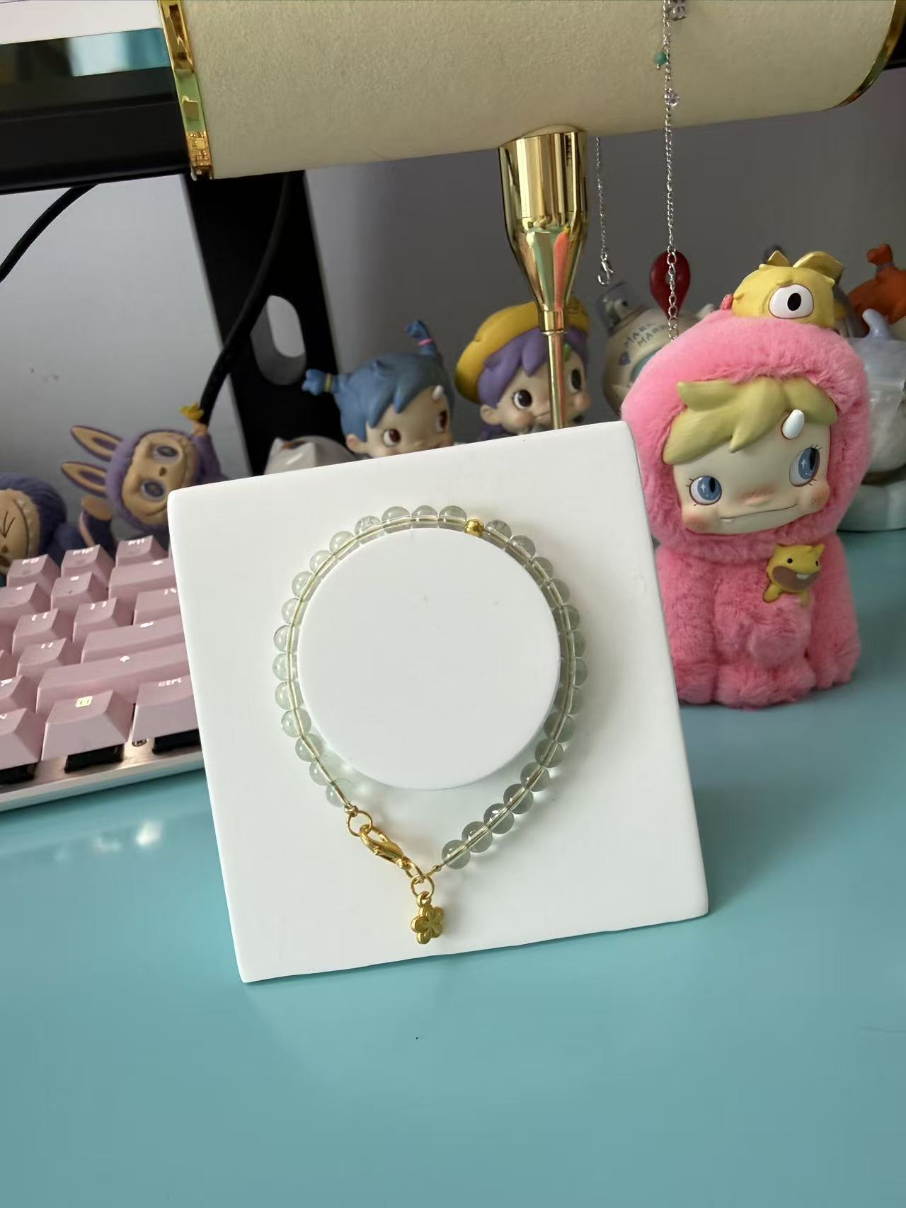 Natural Prehnite Beaded Bracelet with Gold Clover Charm B47