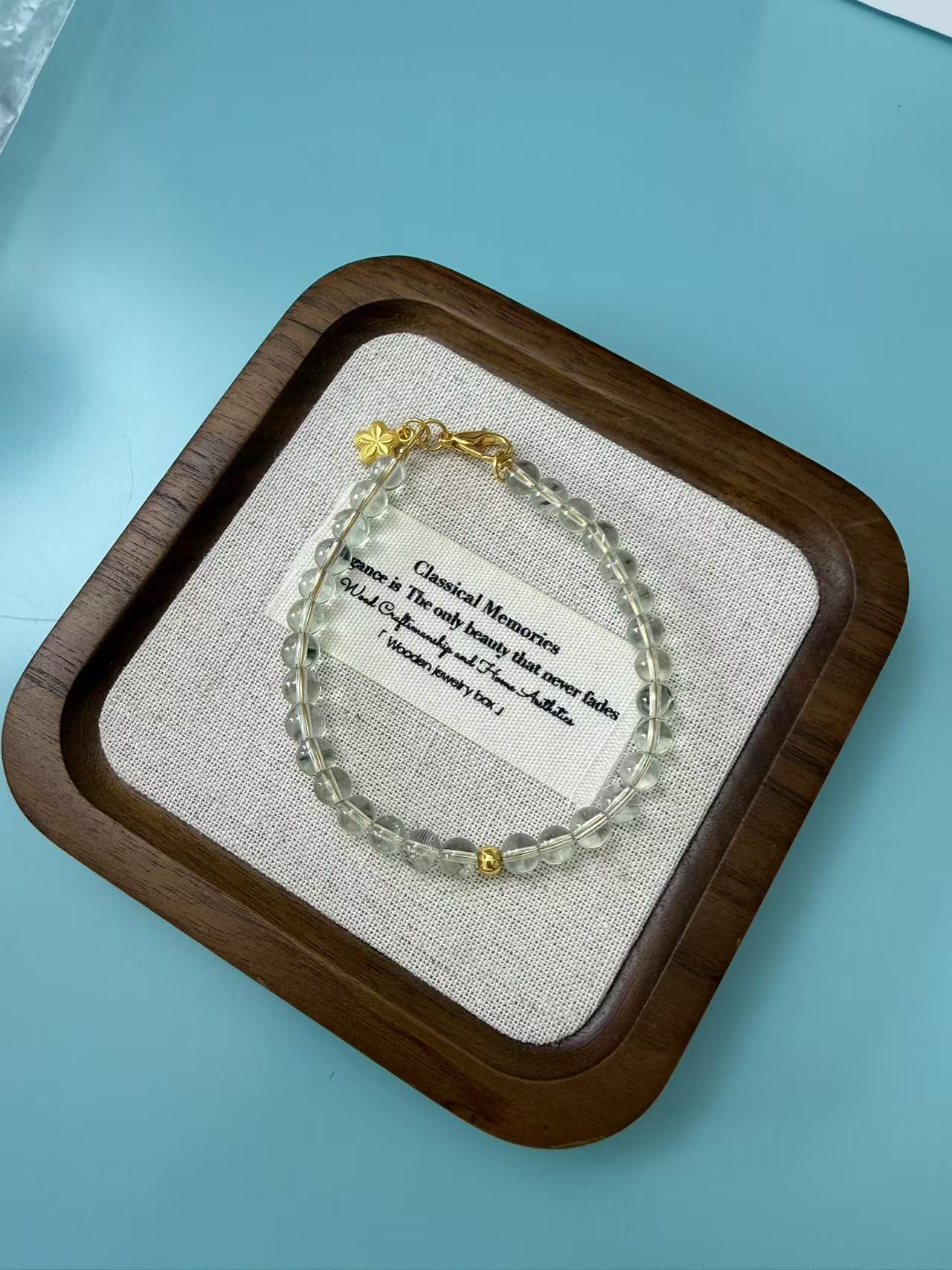 Natural Prehnite Beaded Bracelet with Gold Clover Charm B47