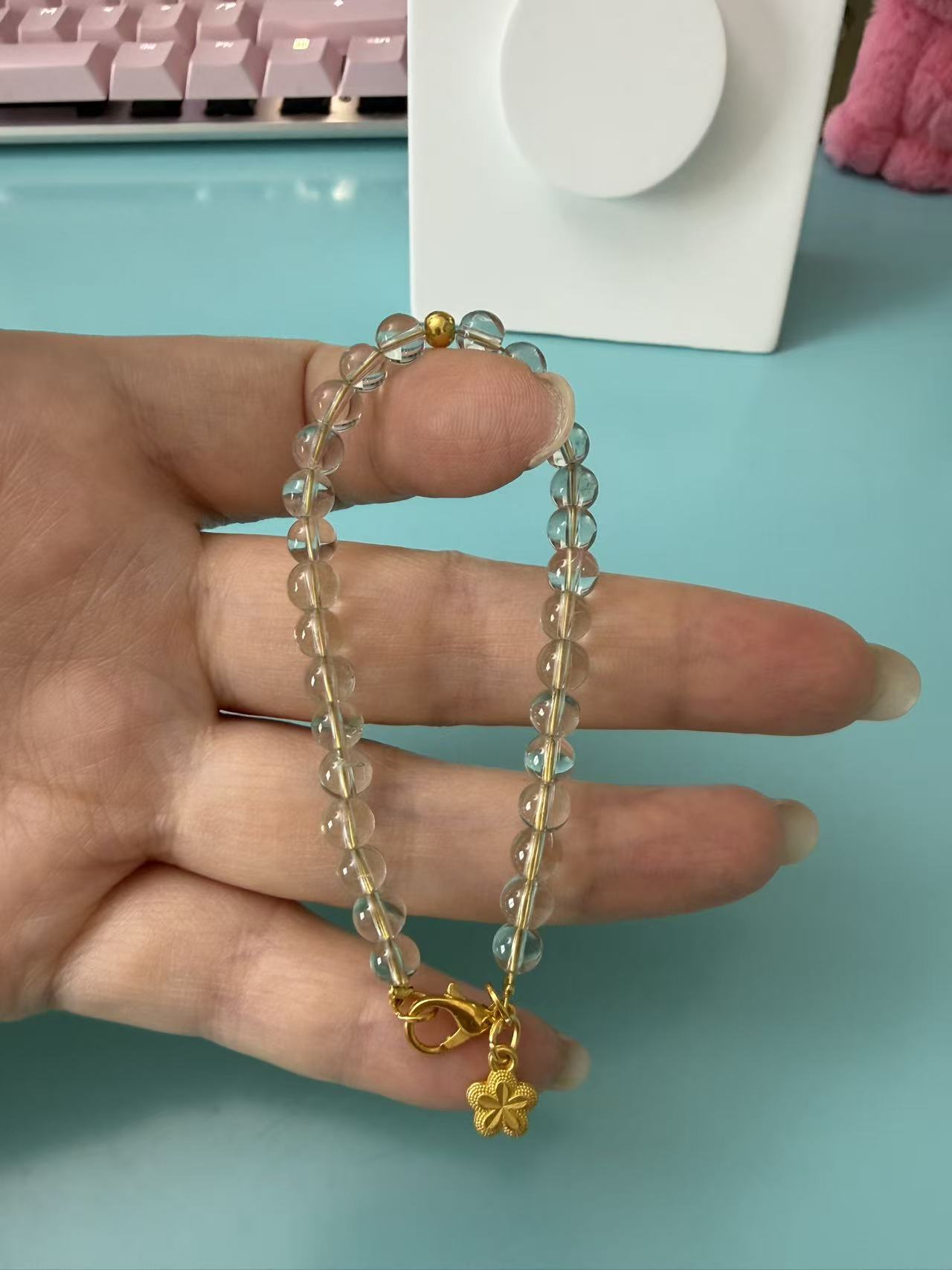 Natural Prehnite Beaded Bracelet with Gold Clover Charm B47