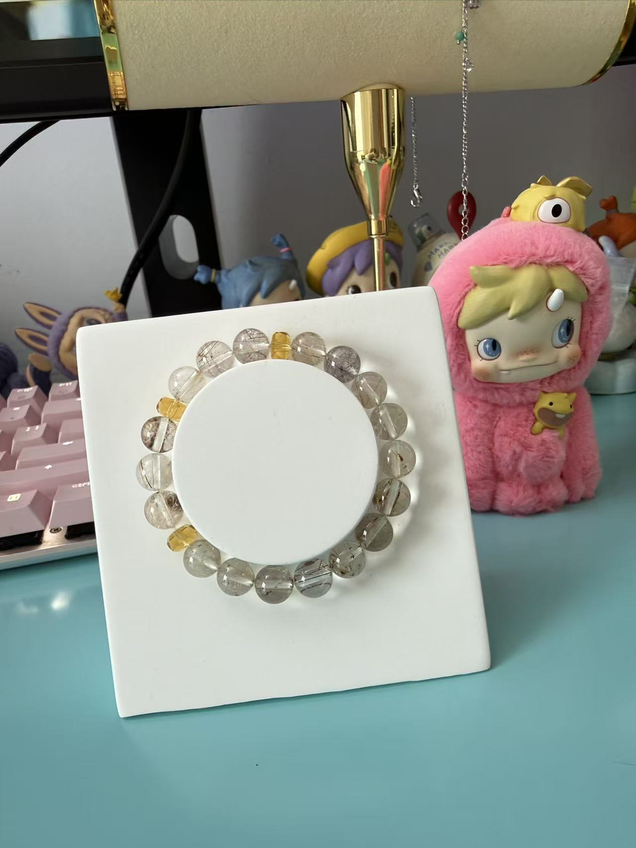 natural rutilated quartz beaded bracelet with citrine accents, abundance healing crystal jewelry for women and men B73