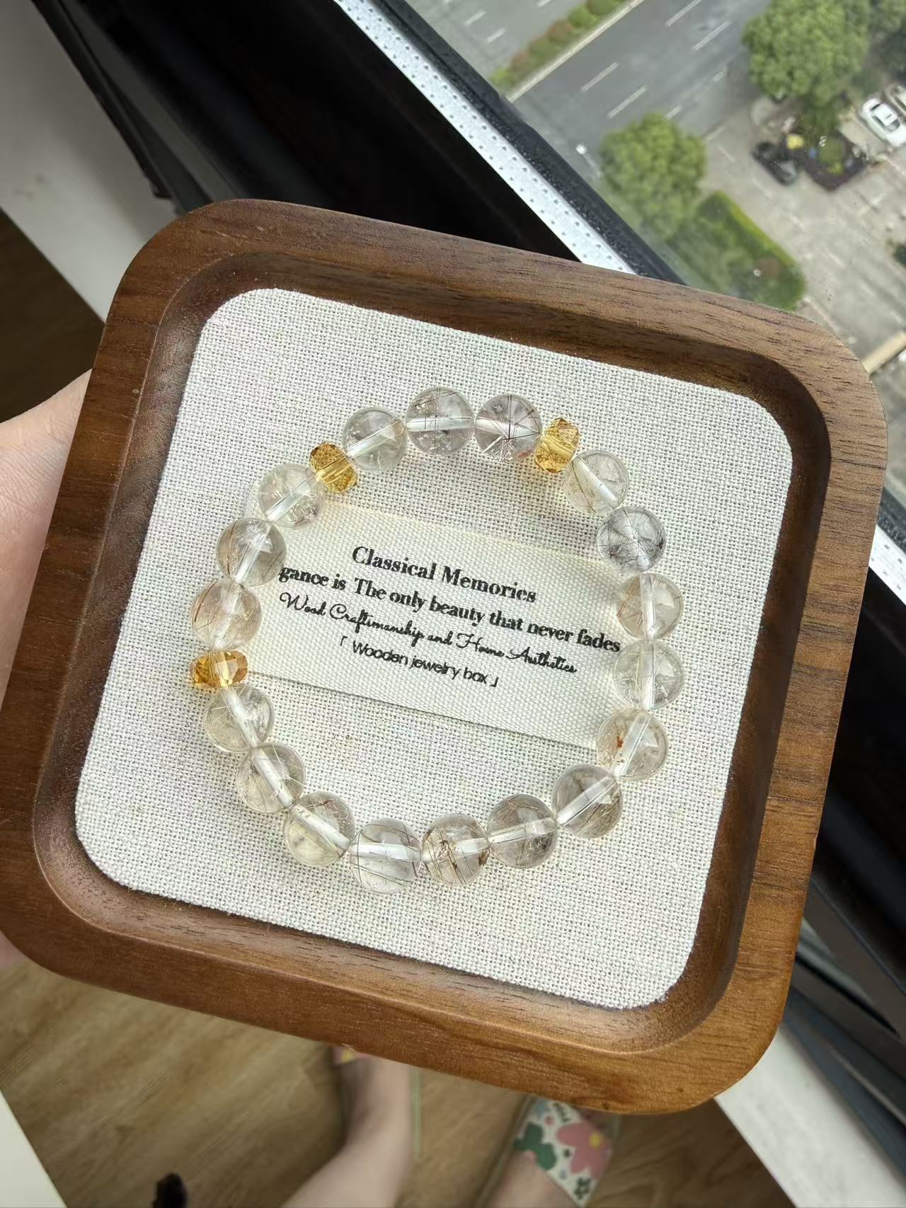 natural rutilated quartz beaded bracelet with citrine accents, abundance healing crystal jewelry for women and men B73