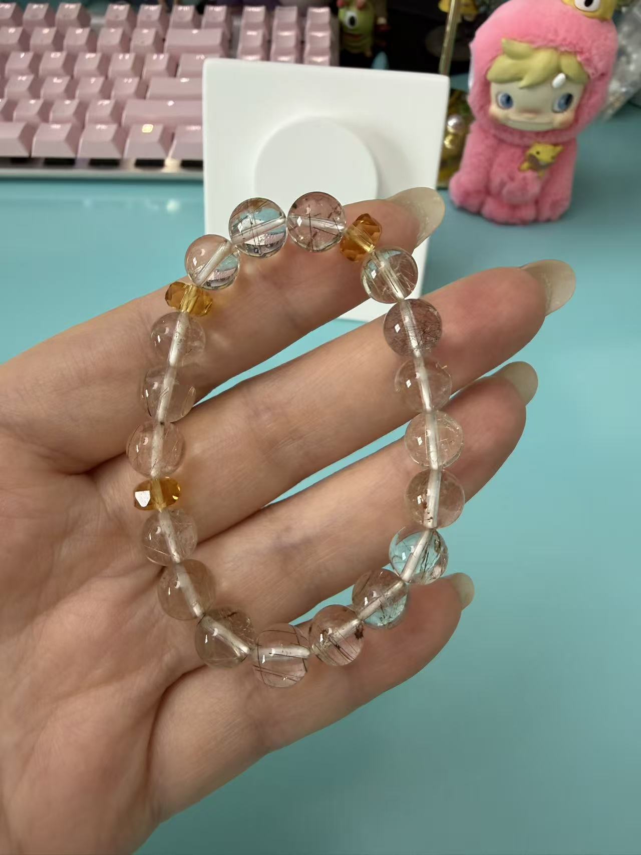 natural rutilated quartz beaded bracelet with citrine accents, abundance healing crystal jewelry for women and men B73