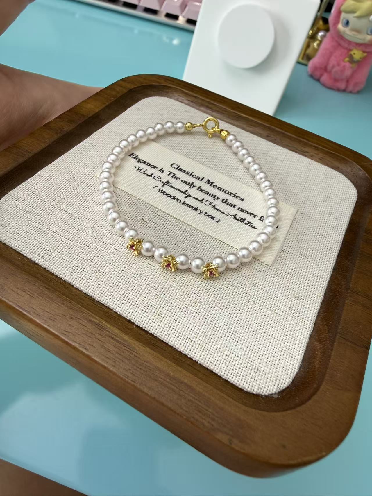 Dainty Faux Pearl Bracelet with Gold Osmanthus Flower Zircon Charms B202