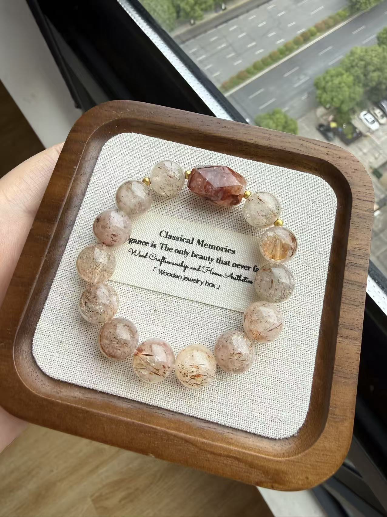 Elegant Copper Rutilated Quartz Bracelet with Faceted Red Crystal Accent B399