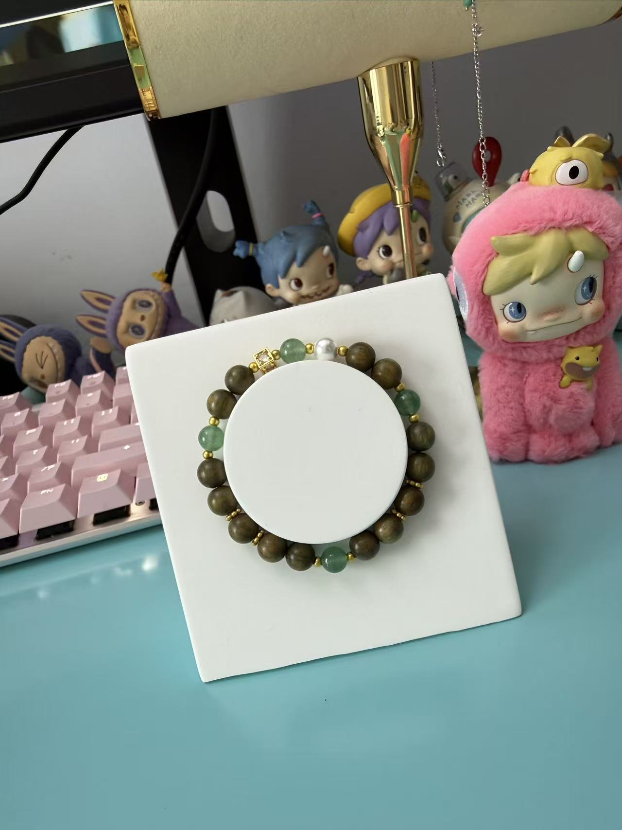 Natural Green Sandalwood Bracelet with Green Strawberry Quartz & Pearl B30