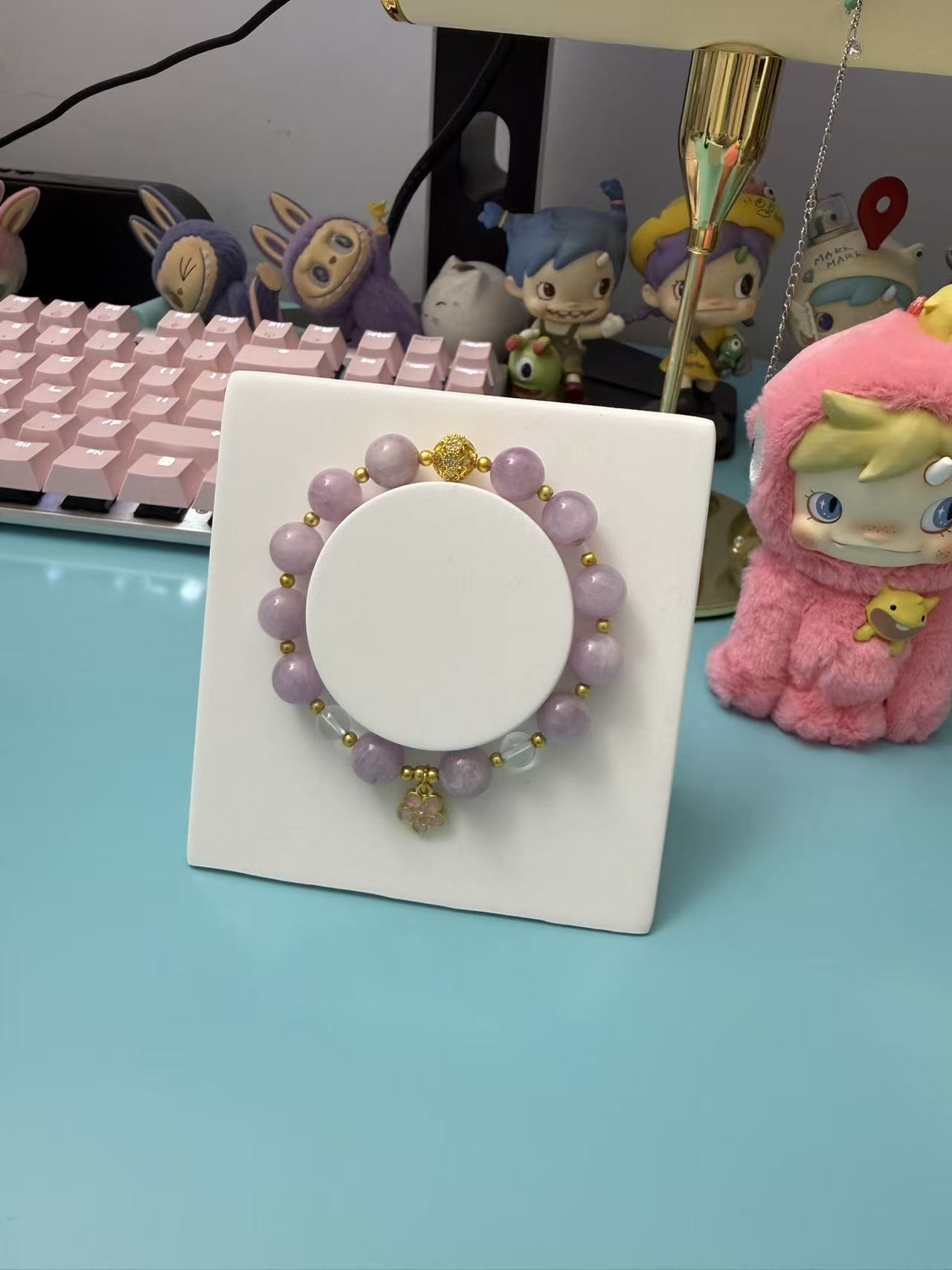 Lavender Kunzite Beaded Bracelet with Gold Flower Charm - Dainty Healing Crystal Bracelet for Women B158