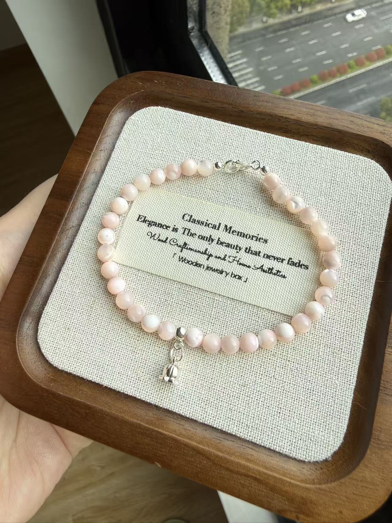 Pink Shell Pearl Beaded Bracelet with Silver Charm - Dainty Natural Shell Bracelet for Women B103