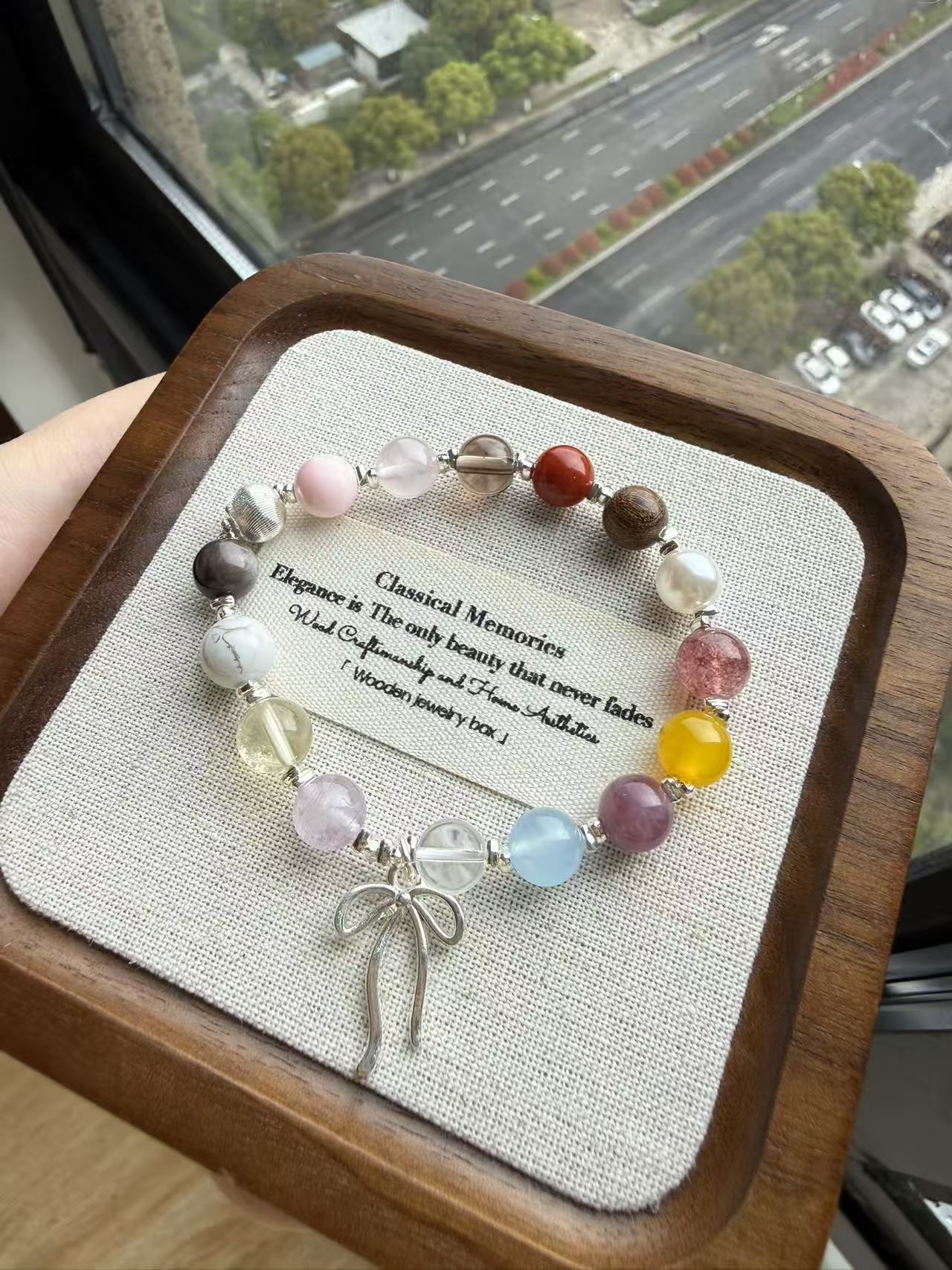 Multi-Color Natural Crystal Beaded Bracelet with Silver Bow Charm - Healing Dainty Jewelry for Women B102