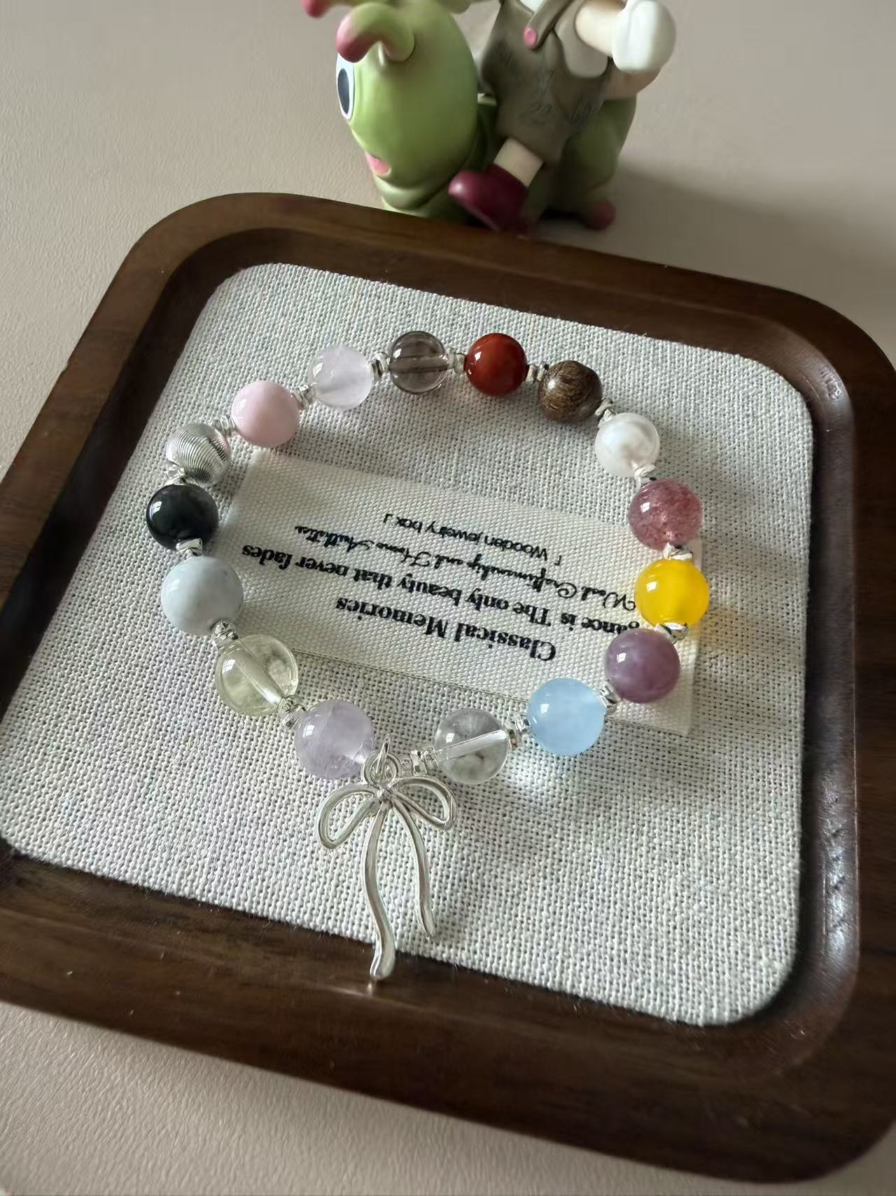 Multi-Color Natural Crystal Beaded Bracelet with Silver Bow Charm - Healing Dainty Jewelry for Women B102