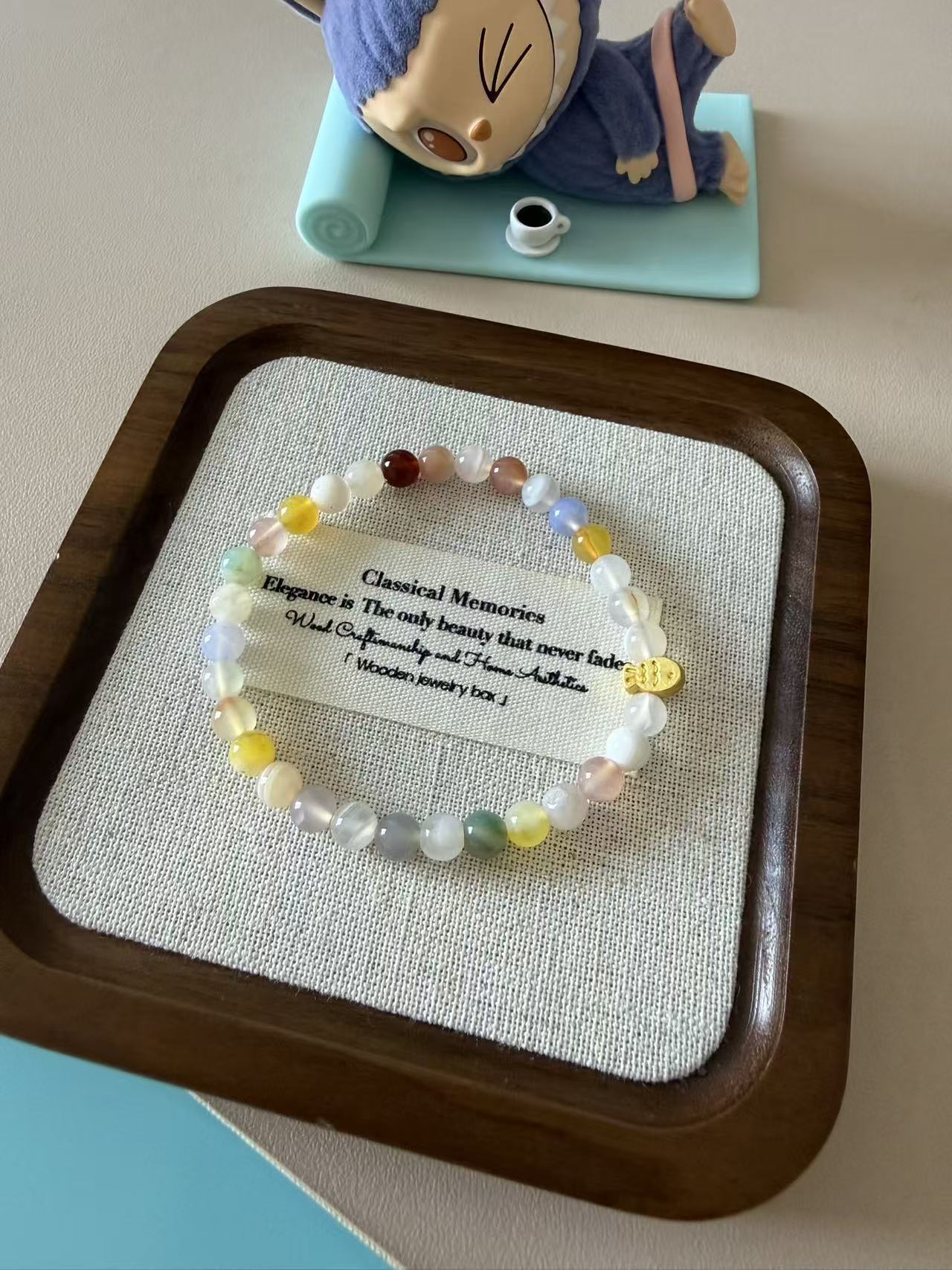 Multi-Color Agate Beaded Bracelet with Gold Fish Charm - Dainty Healing Crystal Bracelet for Women B62