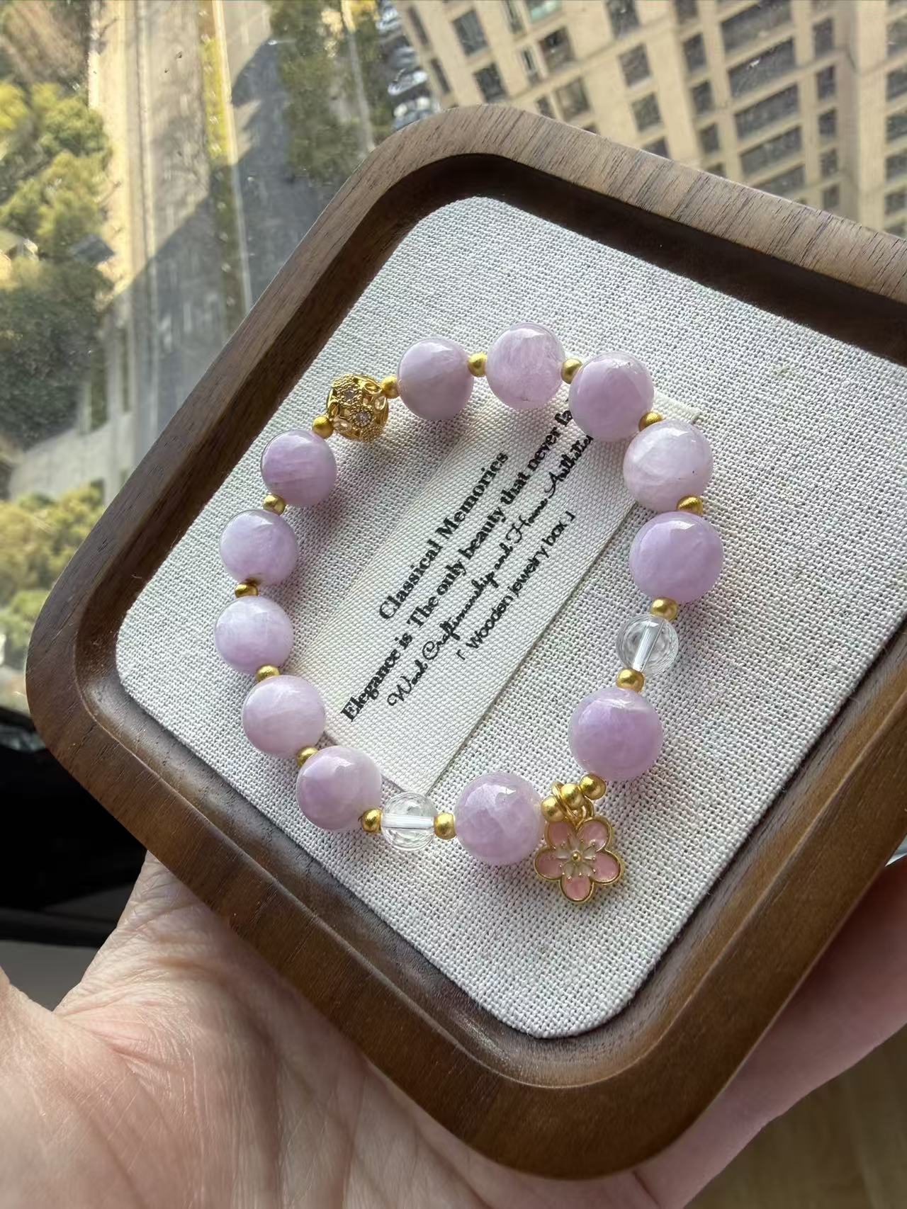 Lavender Kunzite Beaded Bracelet with Gold Flower Charm - Dainty Healing Crystal Bracelet for Women B158