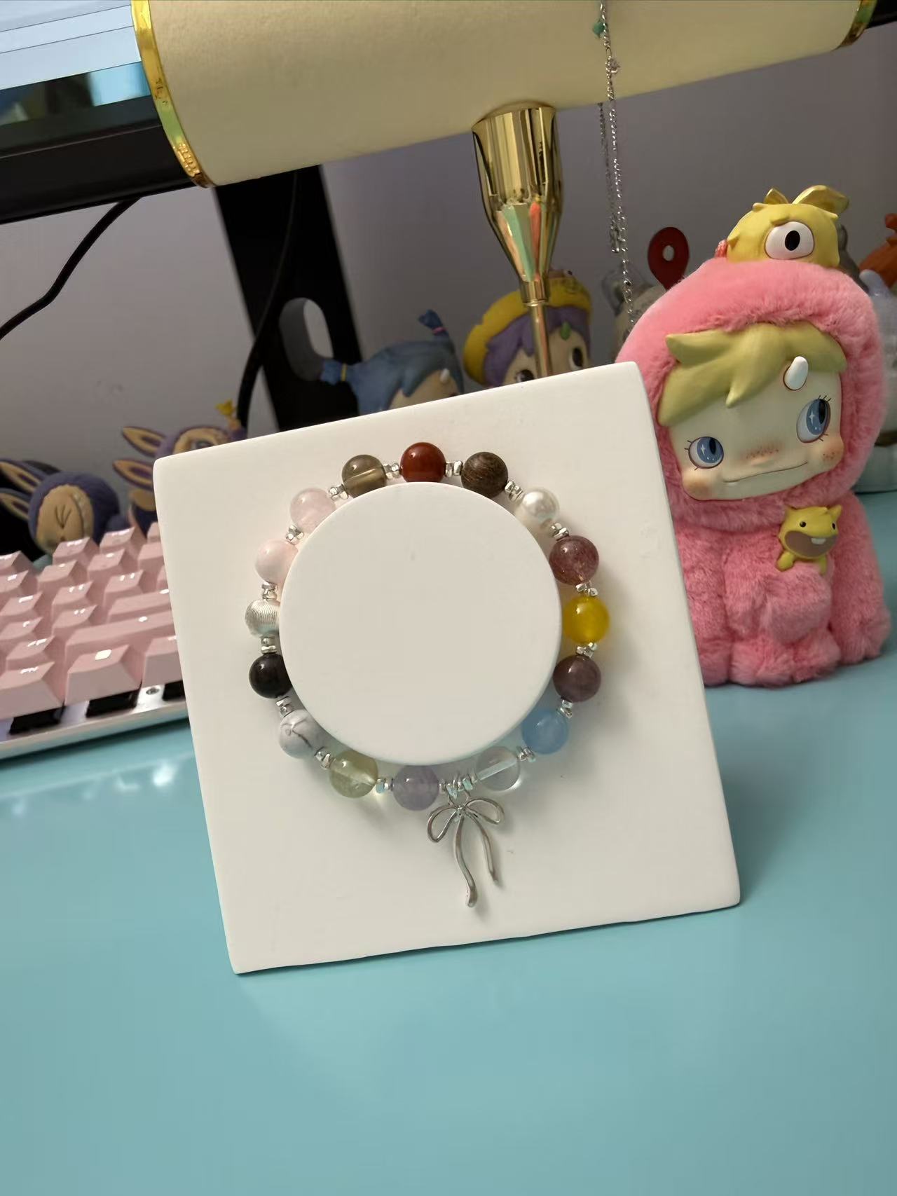 Multi-Color Natural Crystal Beaded Bracelet with Silver Bow Charm - Healing Dainty Jewelry for Women B102