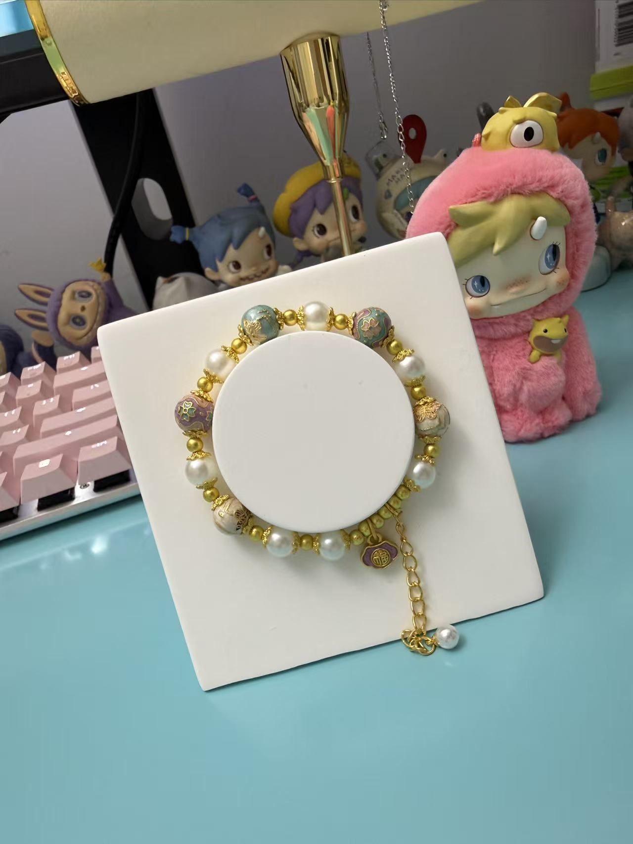 Chinese Style Faux Pearl Bracelet with Enamel Floral Beads & Gold Fu Charm - Traditional Dainty Jewelry for Women B35