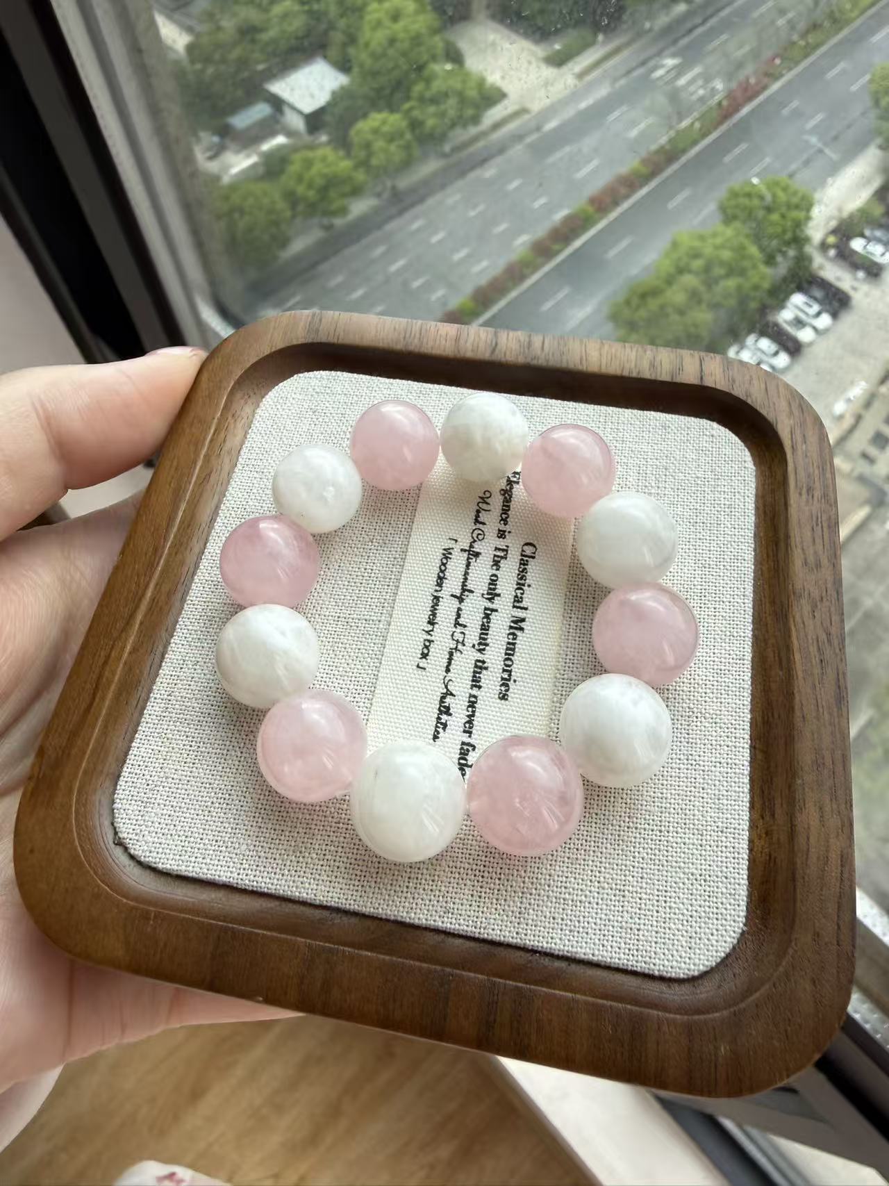 Rose Quartz & Snow Ghost Quartz Beaded Bracelet - Natural Healing Crystal Jewelry for Women B82