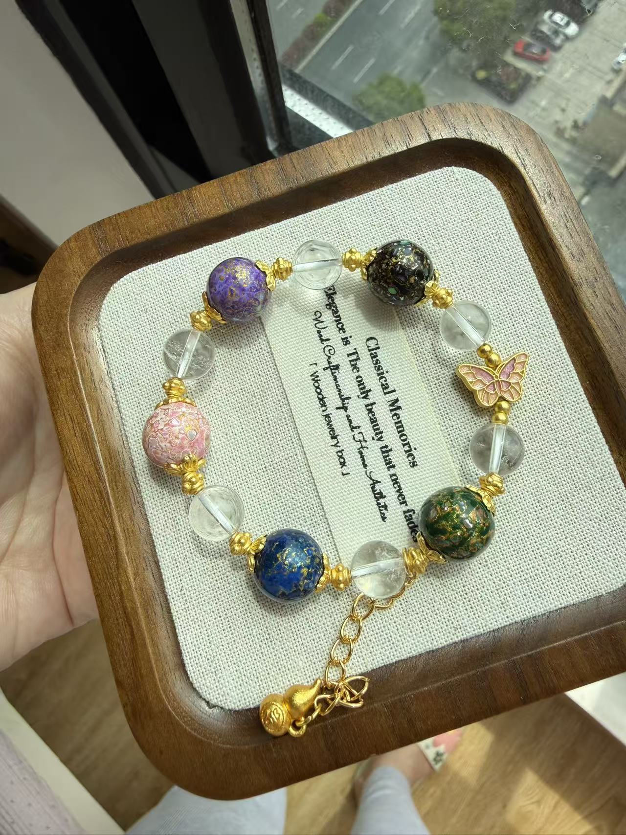 Chinese Style Faux Pearl Bracelet with Enamel Floral Beads & Gold Fu Charm - Traditional Dainty Jewelry for Women B104