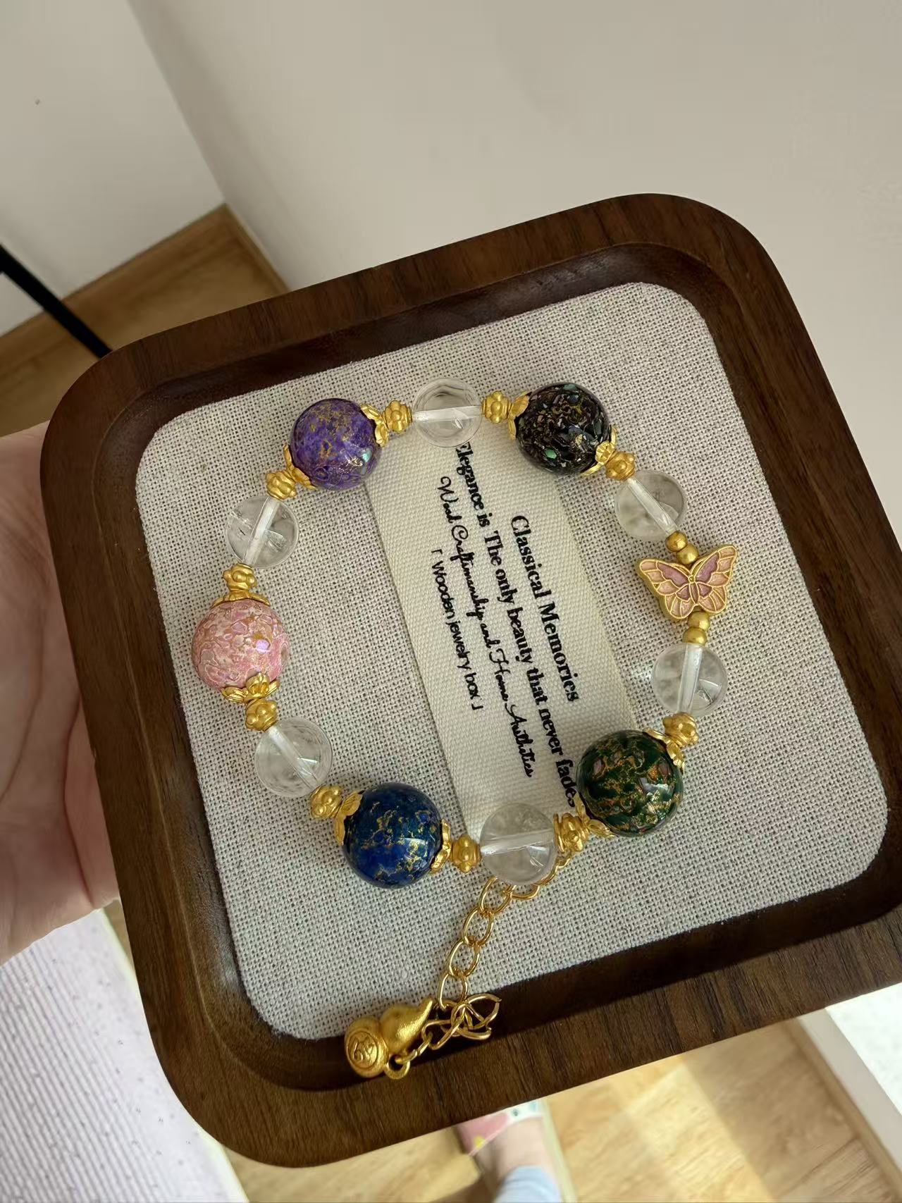 Chinese Style Faux Pearl Bracelet with Enamel Floral Beads & Gold Fu Charm - Traditional Dainty Jewelry for Women B104
