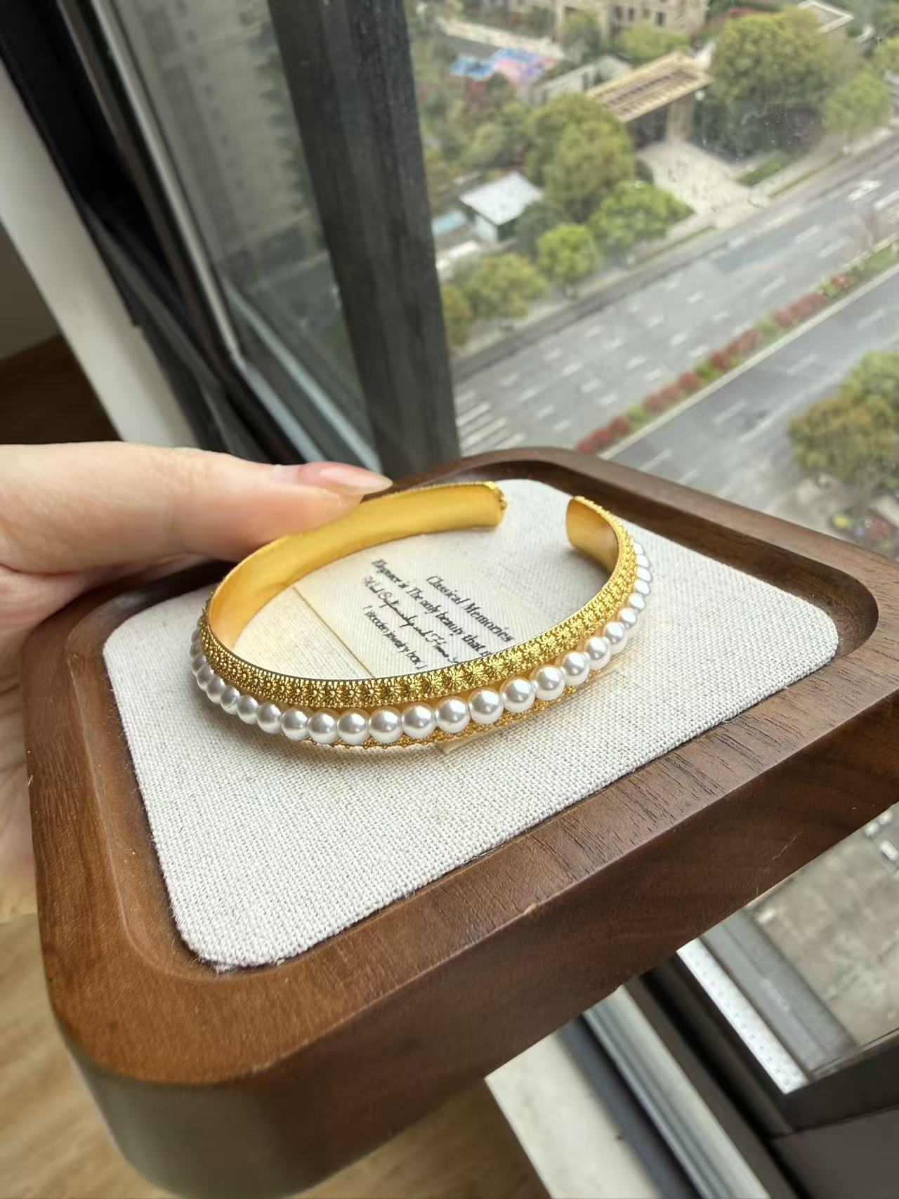 Pearl Trimmed Gold Open Cuff Bracelet - Elegant Textured Gold Bangle for Women B180