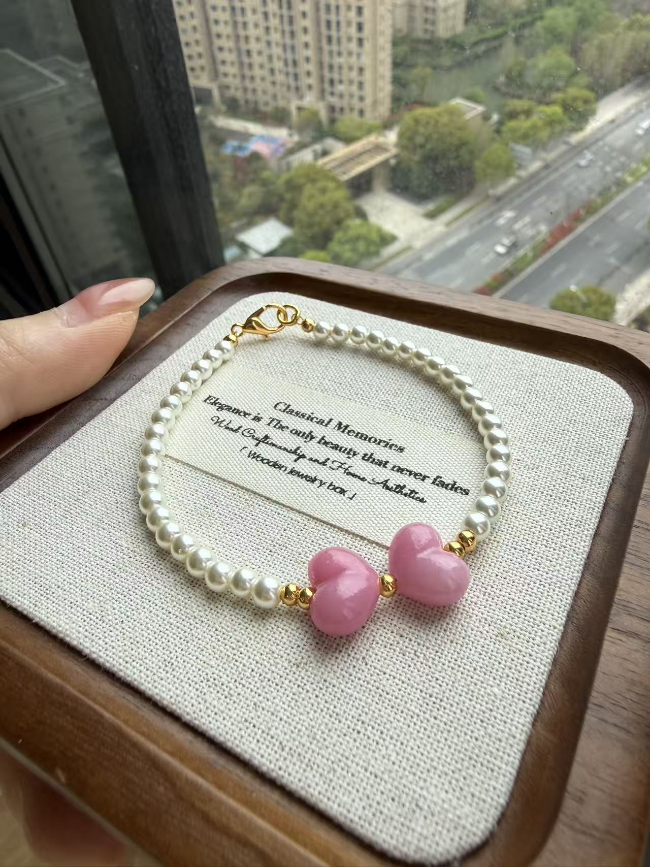 Dainty Pearl Bracelet with Pink Heart Charms - Gold Accent Beaded Bracelet for Women B107