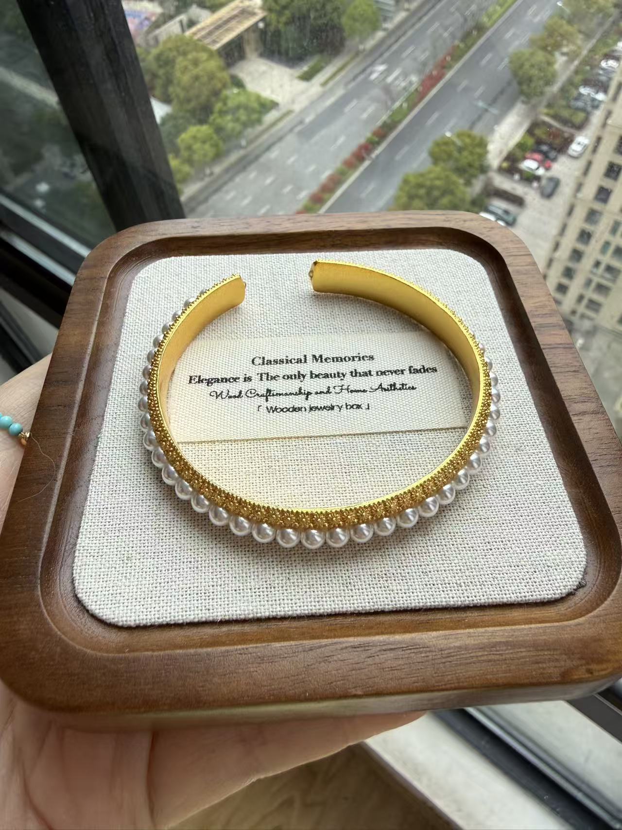 Pearl Trimmed Gold Open Cuff Bracelet - Elegant Textured Gold Bangle for Women B180