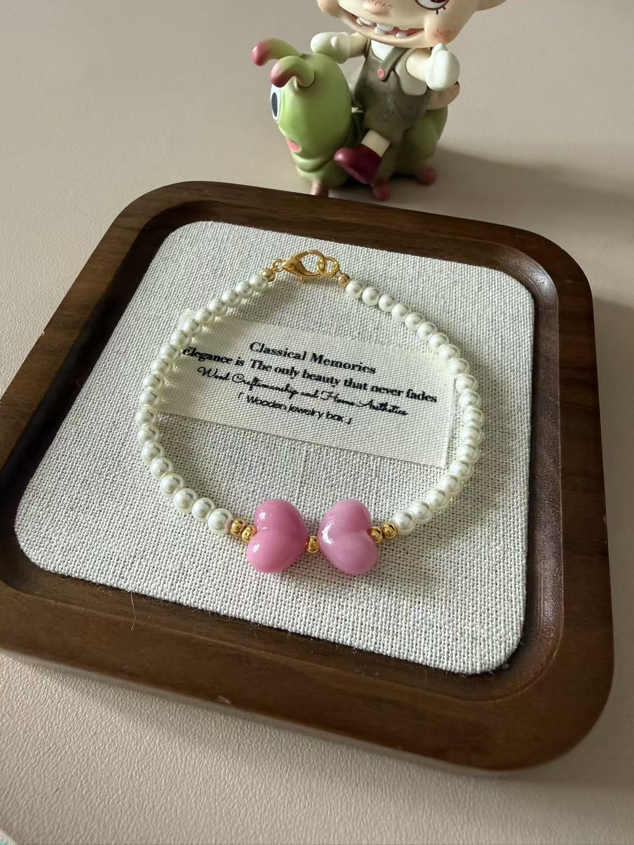 Dainty Pearl Bracelet with Pink Heart Charms - Gold Accent Beaded Bracelet for Women B107