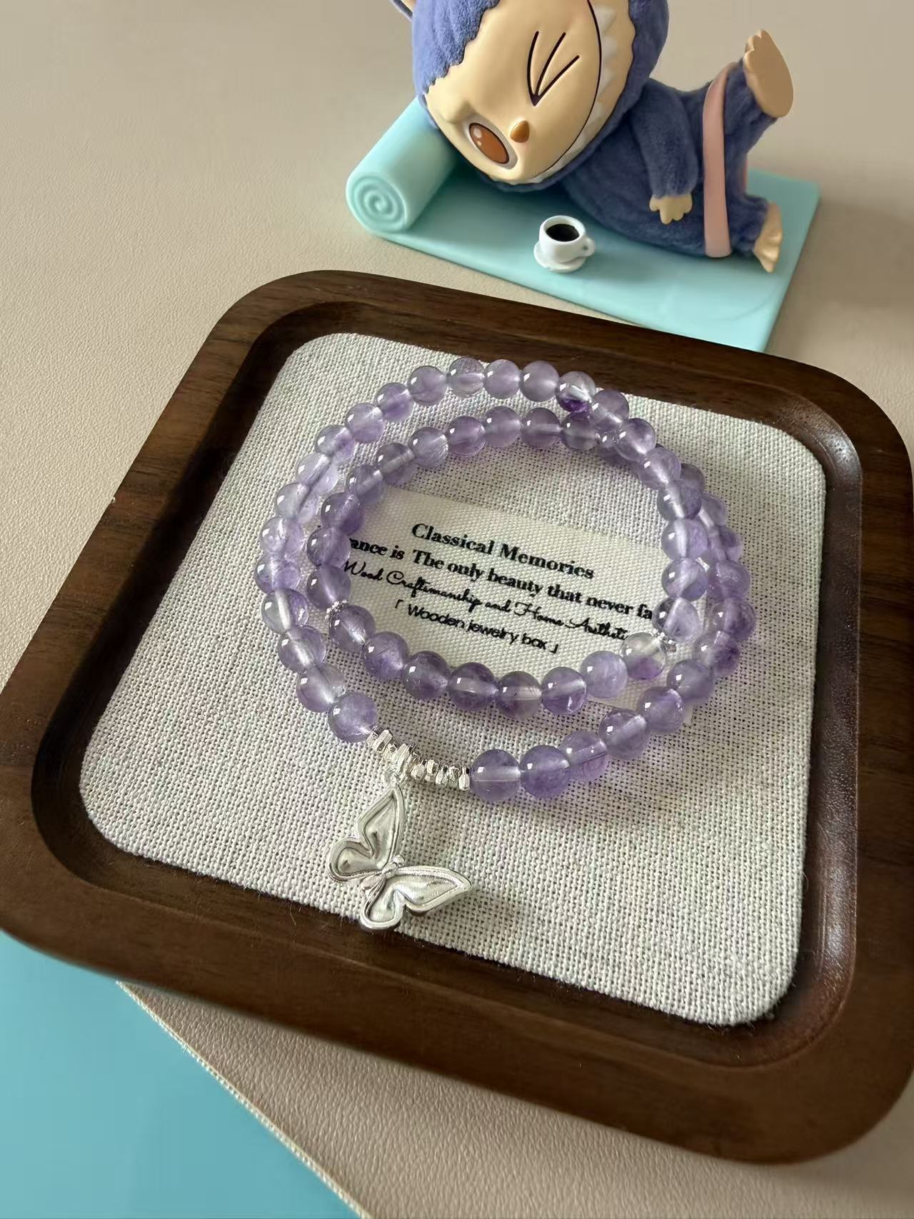 Double Strand Amethyst Bracelet with Silver Butterfly Charm - Natural Purple Crystal Healing Jewelry for Women B39