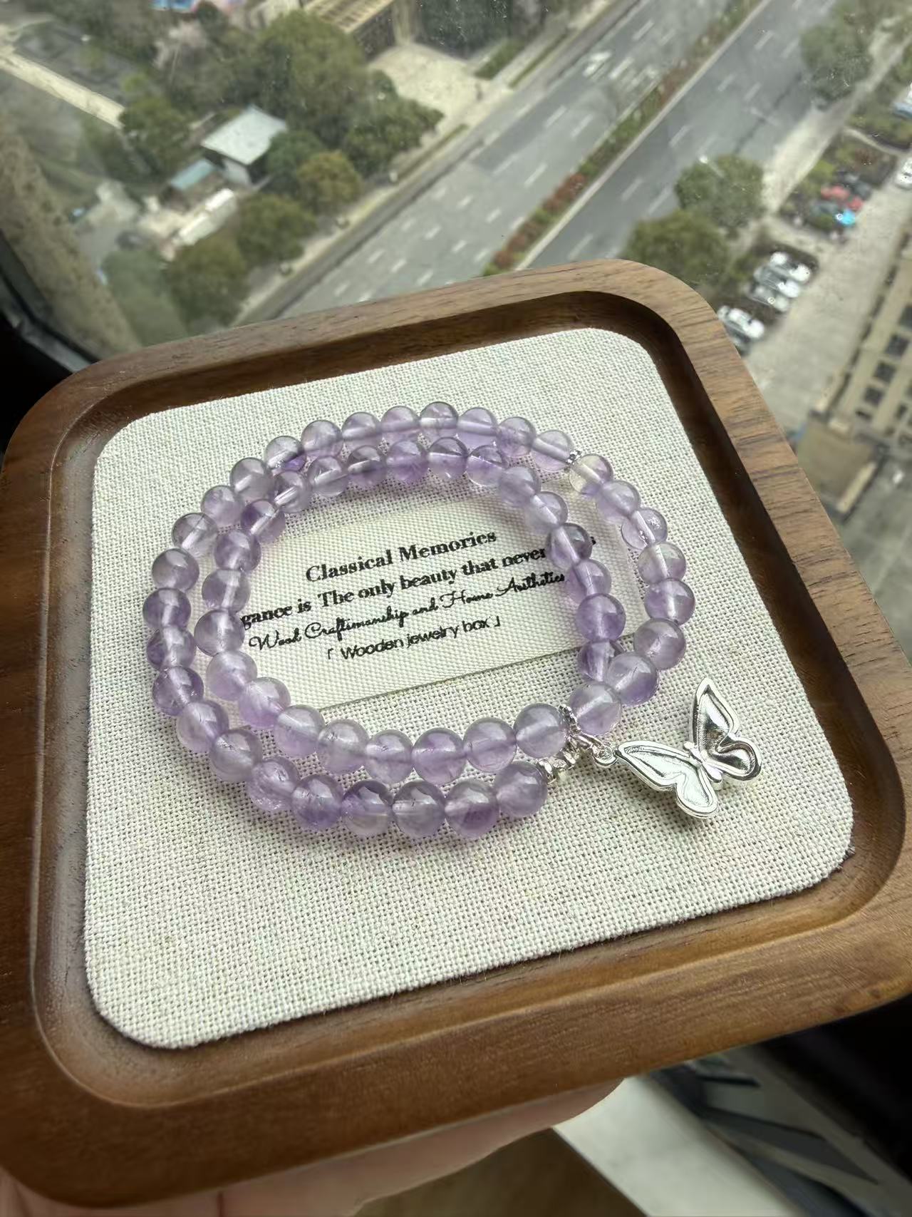 Double Strand Amethyst Bracelet with Silver Butterfly Charm - Natural Purple Crystal Healing Jewelry for Women B39