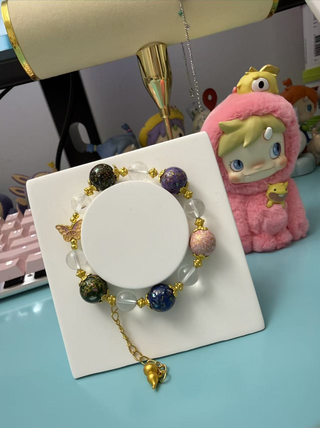 Chinese Style Faux Pearl Bracelet with Enamel Floral Beads & Gold Fu Charm - Traditional Dainty Jewelry for Women B104