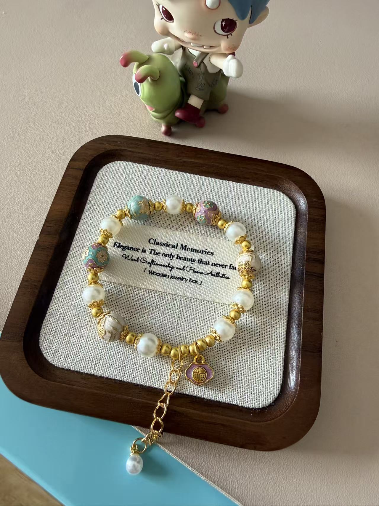 Chinese Style Faux Pearl Bracelet with Enamel Floral Beads & Gold Fu Charm - Traditional Dainty Jewelry for Women B35