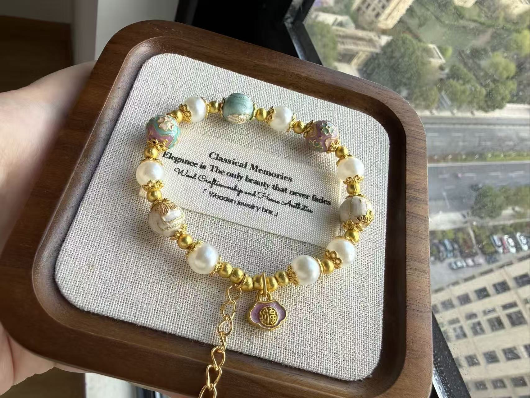 Chinese Style Faux Pearl Bracelet with Enamel Floral Beads & Gold Fu Charm - Traditional Dainty Jewelry for Women B35