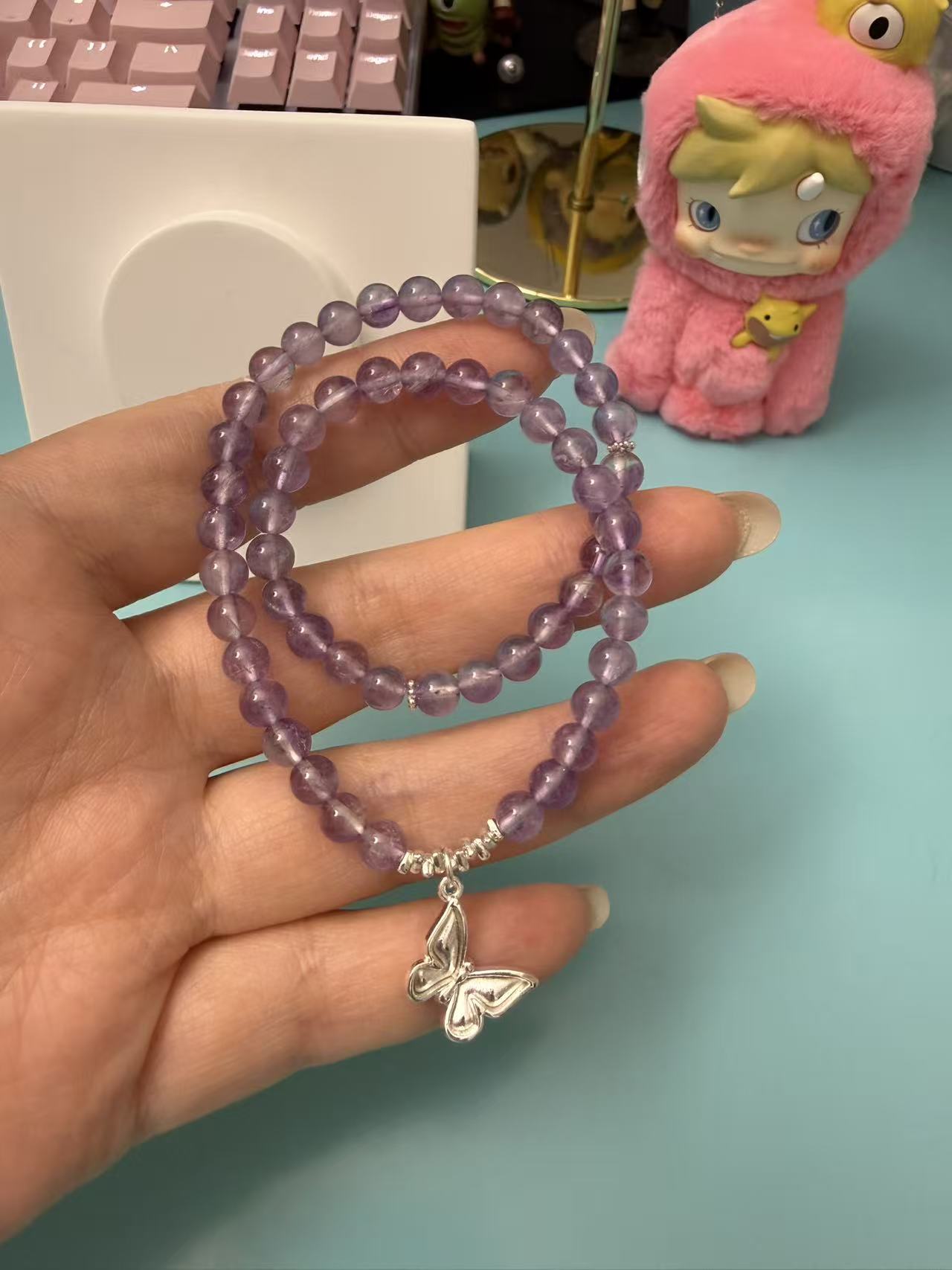Double Strand Amethyst Bracelet with Silver Butterfly Charm - Natural Purple Crystal Healing Jewelry for Women B39