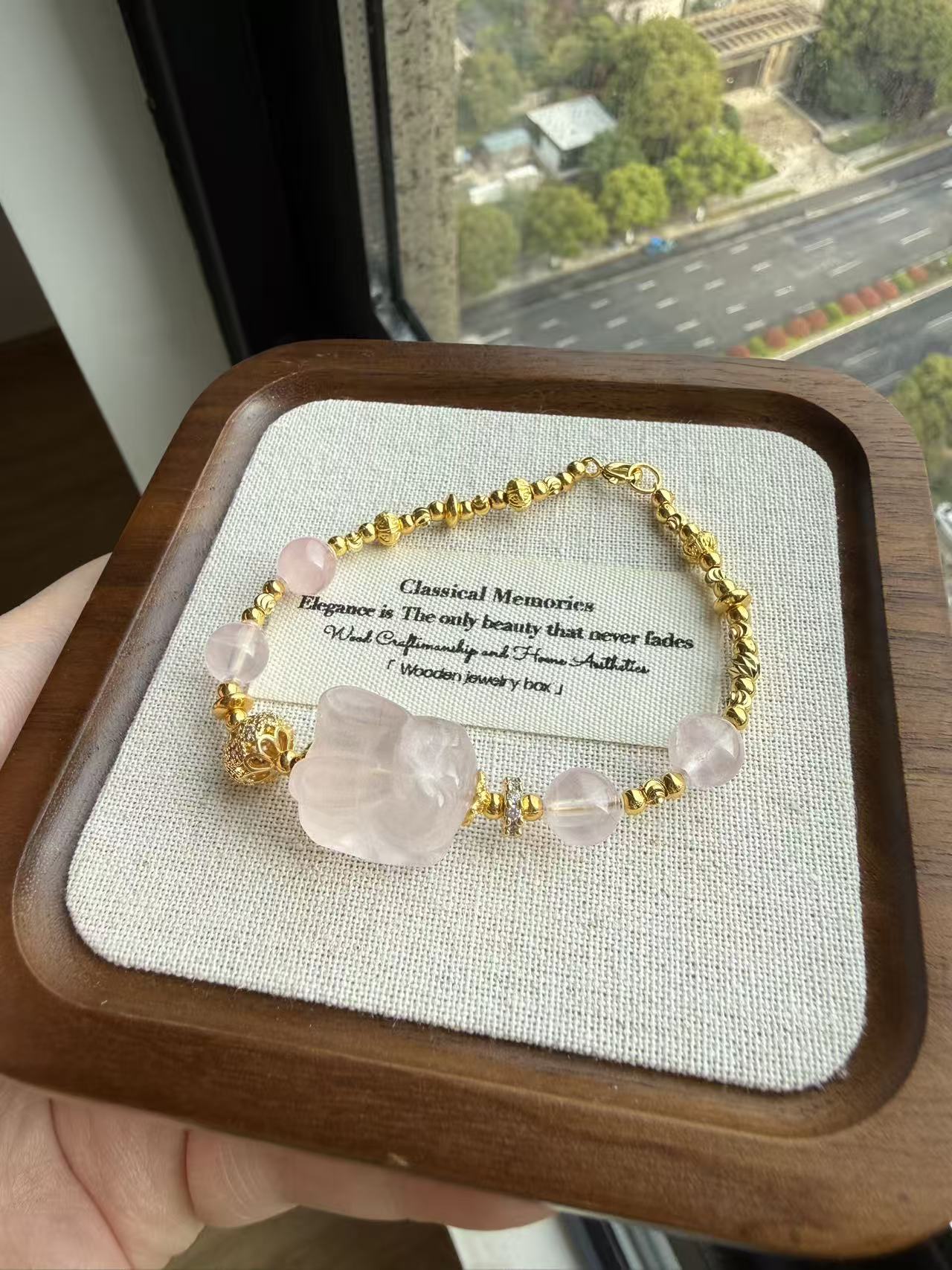 Natural Rose Quartz Rabbit Bracelet with Textured Gold Beads - Dainty Healing Crystal Jewelry for Women B77