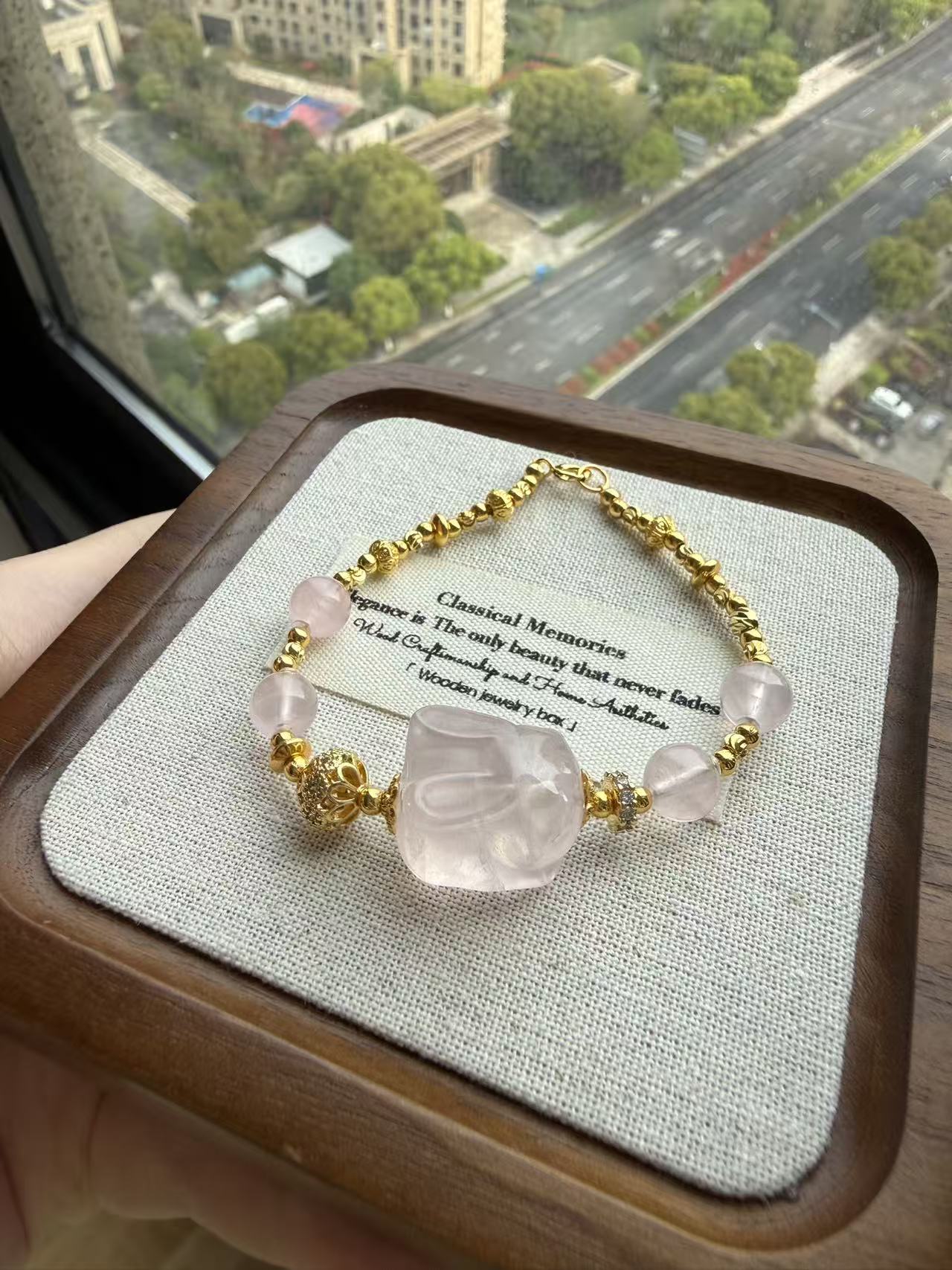 Natural Rose Quartz Rabbit Bracelet with Textured Gold Beads - Dainty Healing Crystal Jewelry for Women B77