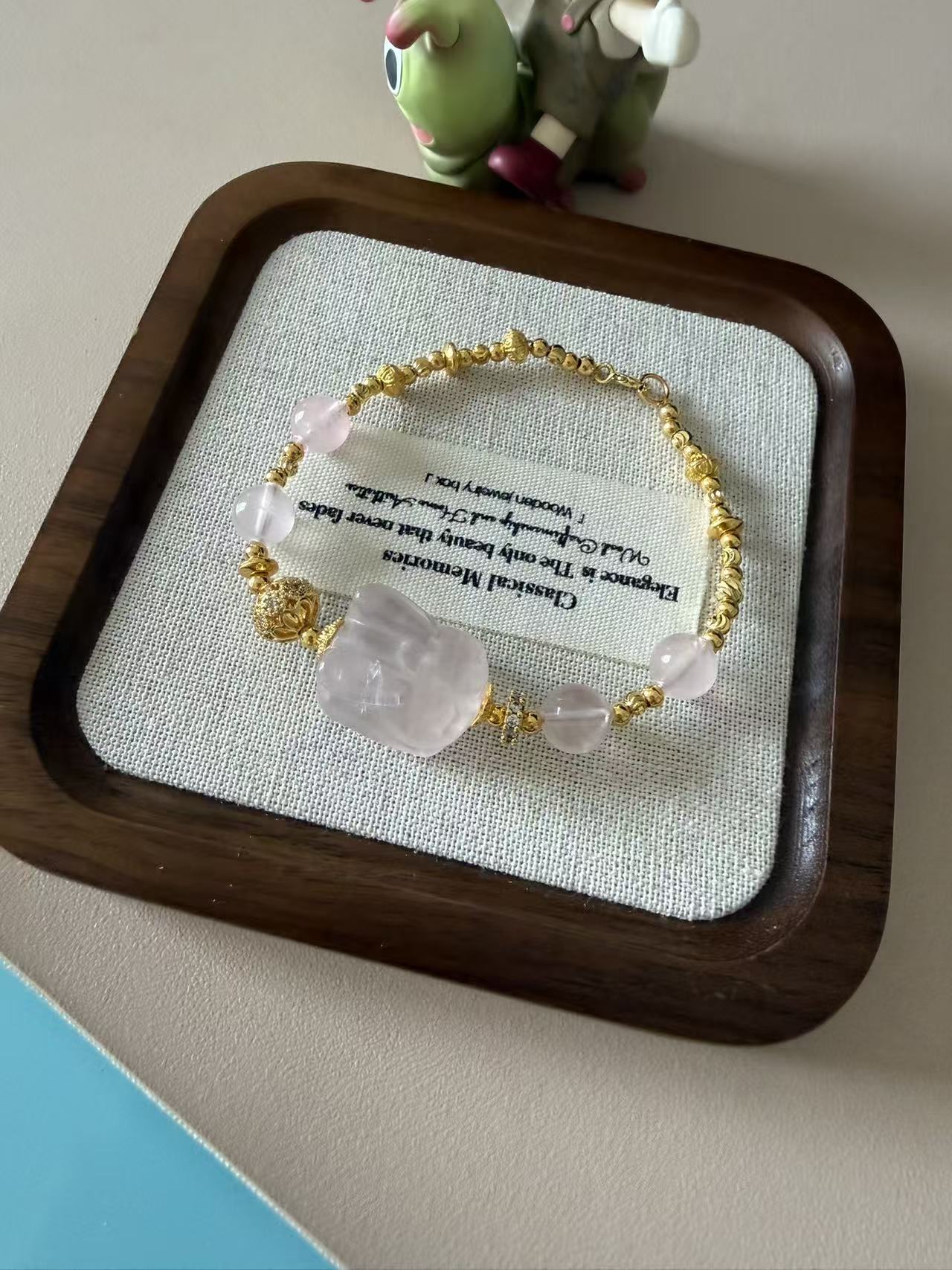 Natural Rose Quartz Rabbit Bracelet with Textured Gold Beads - Dainty Healing Crystal Jewelry for Women B77