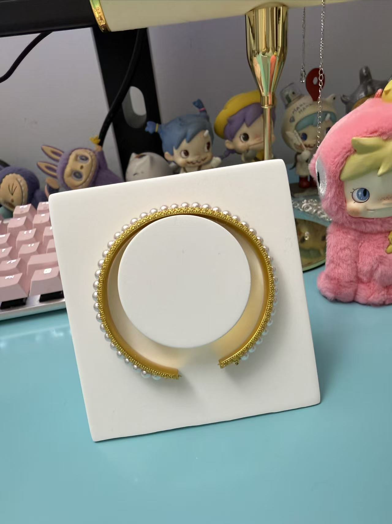 Pearl Trimmed Gold Open Cuff Bracelet - Elegant Textured Gold Bangle for Women B180