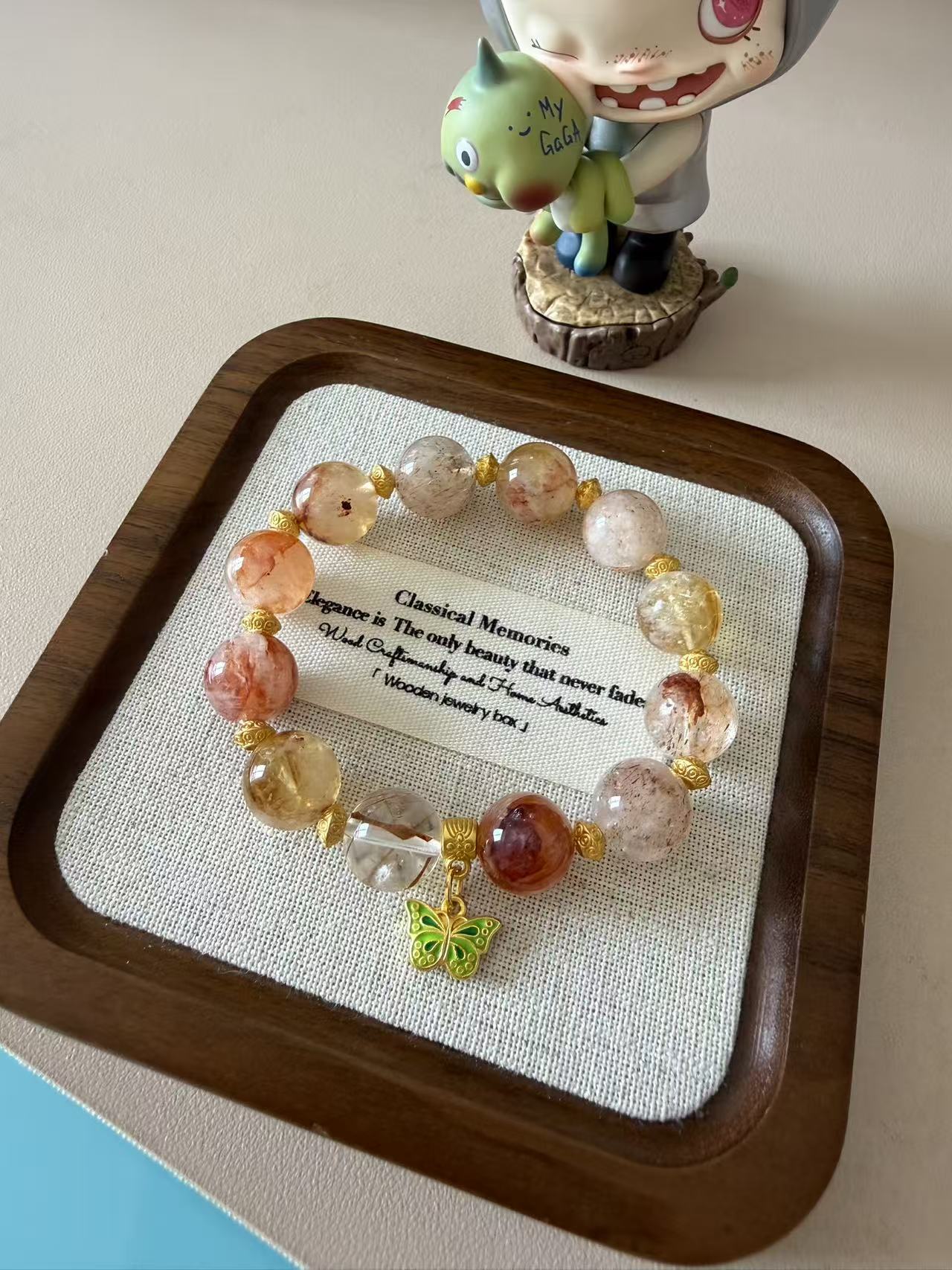 Multi-Color Natural Crystal Beaded Bracelet with Green Enamel Butterfly Charm - Gold Accent Healing Jewelry for Women B140