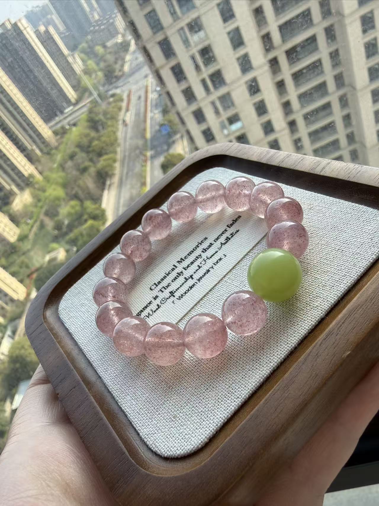 Strawberry Quartz Beaded Bracelet with Green Gemstone Accent - Dainty Healing Crystal Jewelry for Women B182