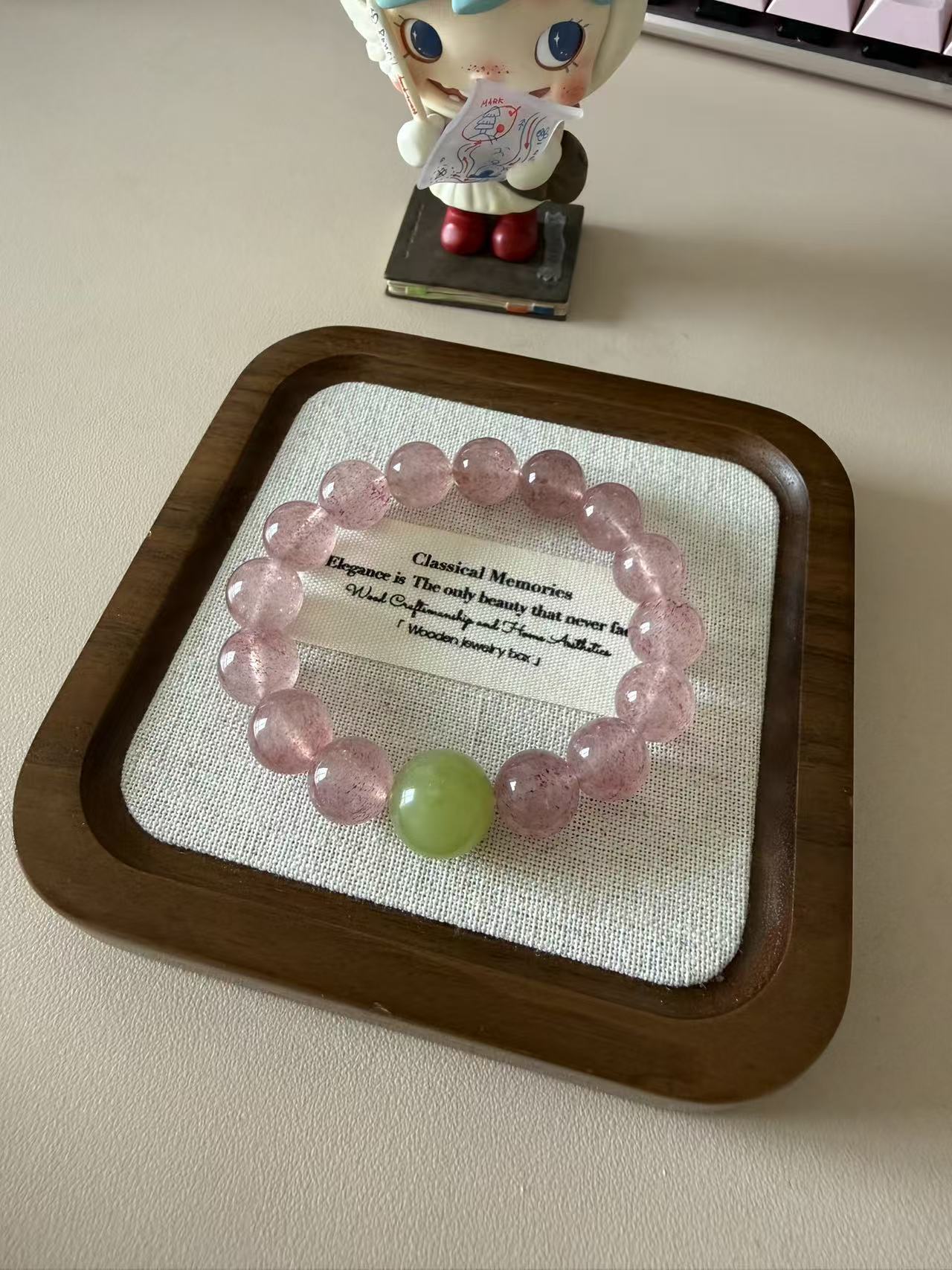 Strawberry Quartz Beaded Bracelet with Green Gemstone Accent - Dainty Healing Crystal Jewelry for Women B182