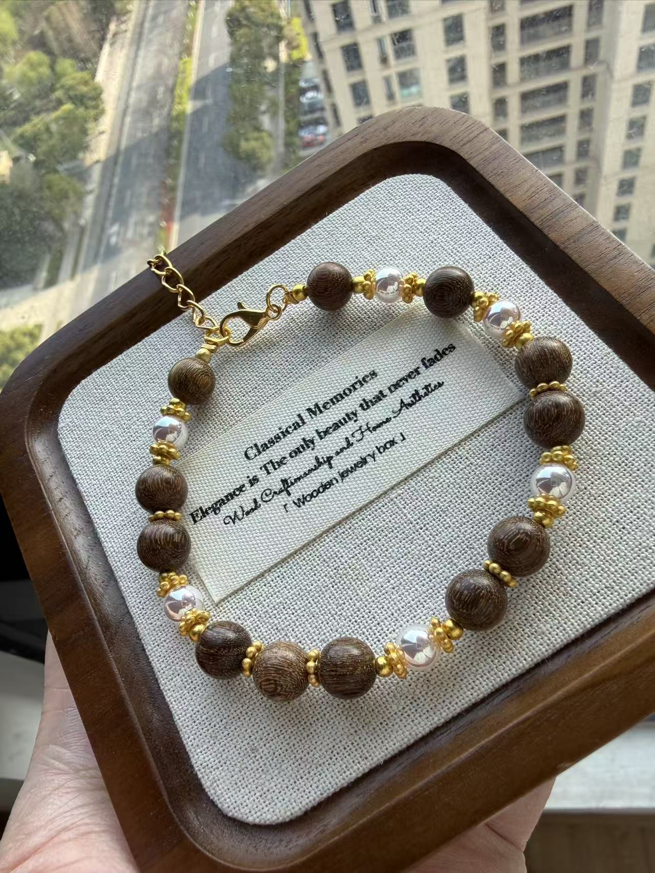 New Chinese Style Wood & Pearl Beaded Bracelet with Adjustable Gold Chain & Pearl Drop B68