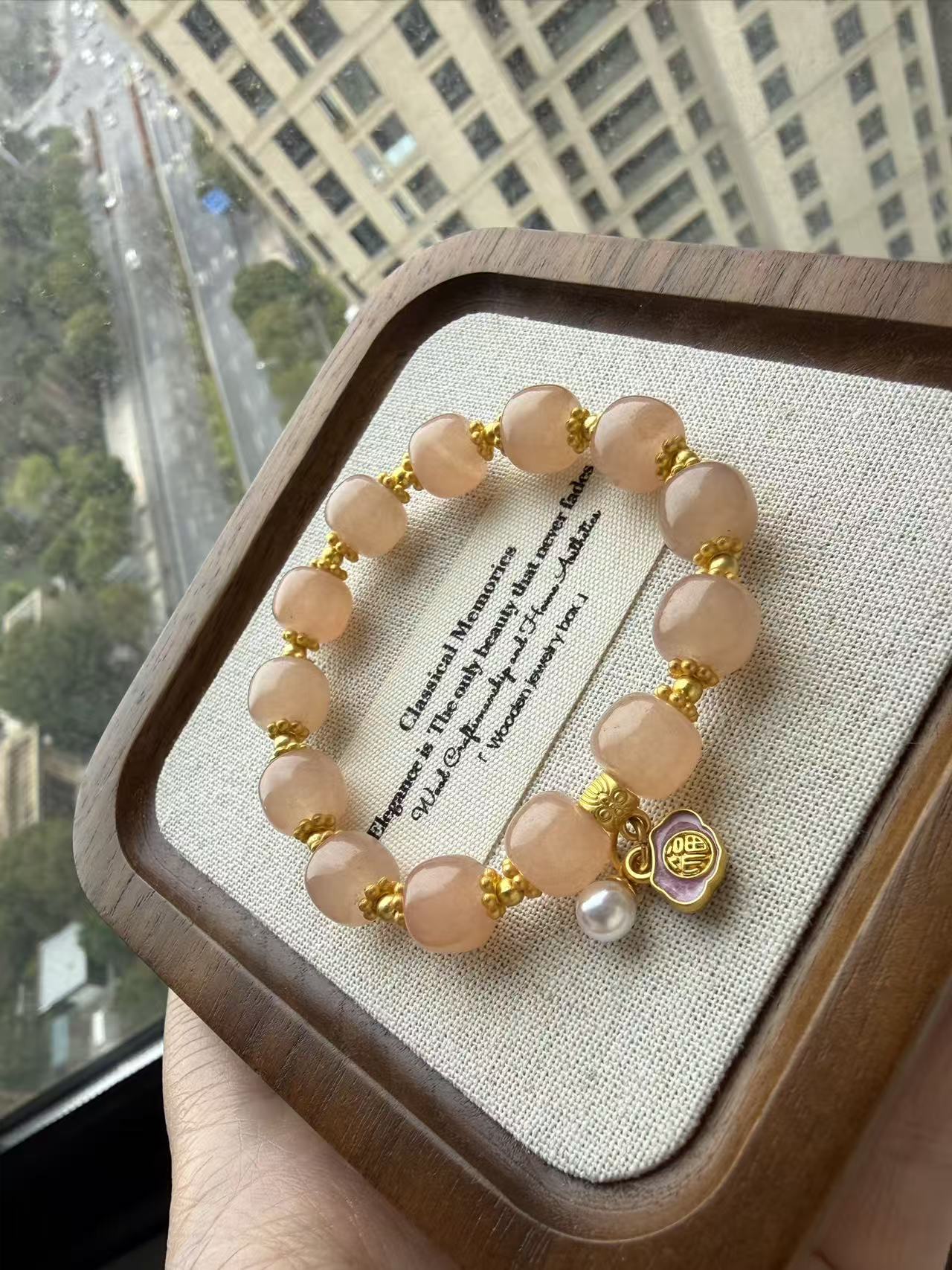Peach Orange Crystal Beaded Bracelet with Gold Fu Charm & Pearl - New Chinese Style Healing Jewelry for Women B127