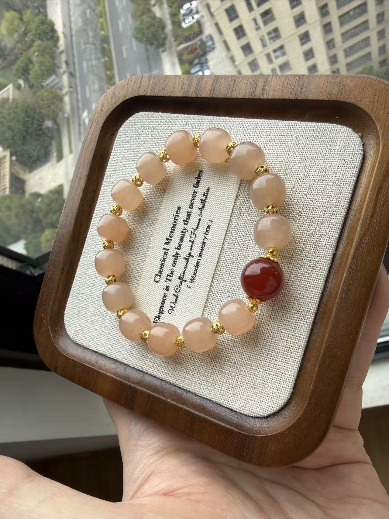 Beige Stone Barrel Bead Bracelet with Red Agate Accent - New Chinese Style Jewelry B142