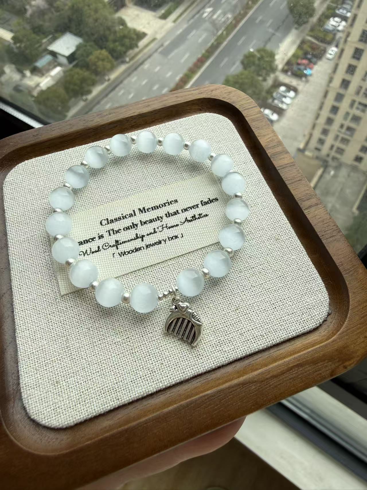 White Cat's Eye Beaded Bracelet with Silver Charm - Minimalist Elegant Jewelry B44