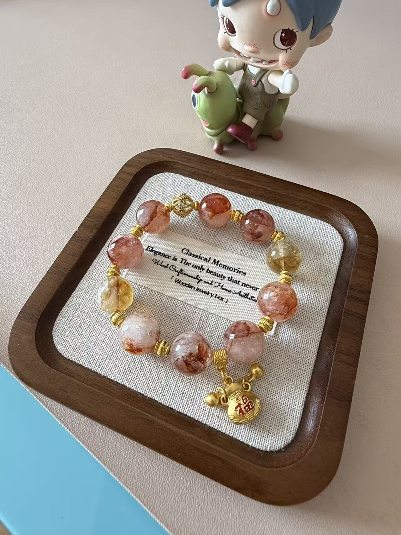 Red Hematoid Quartz & Citrine Beaded Bracelet with Gold Fu Charm - Lucky Healing Crystal Jewelry for Women B50