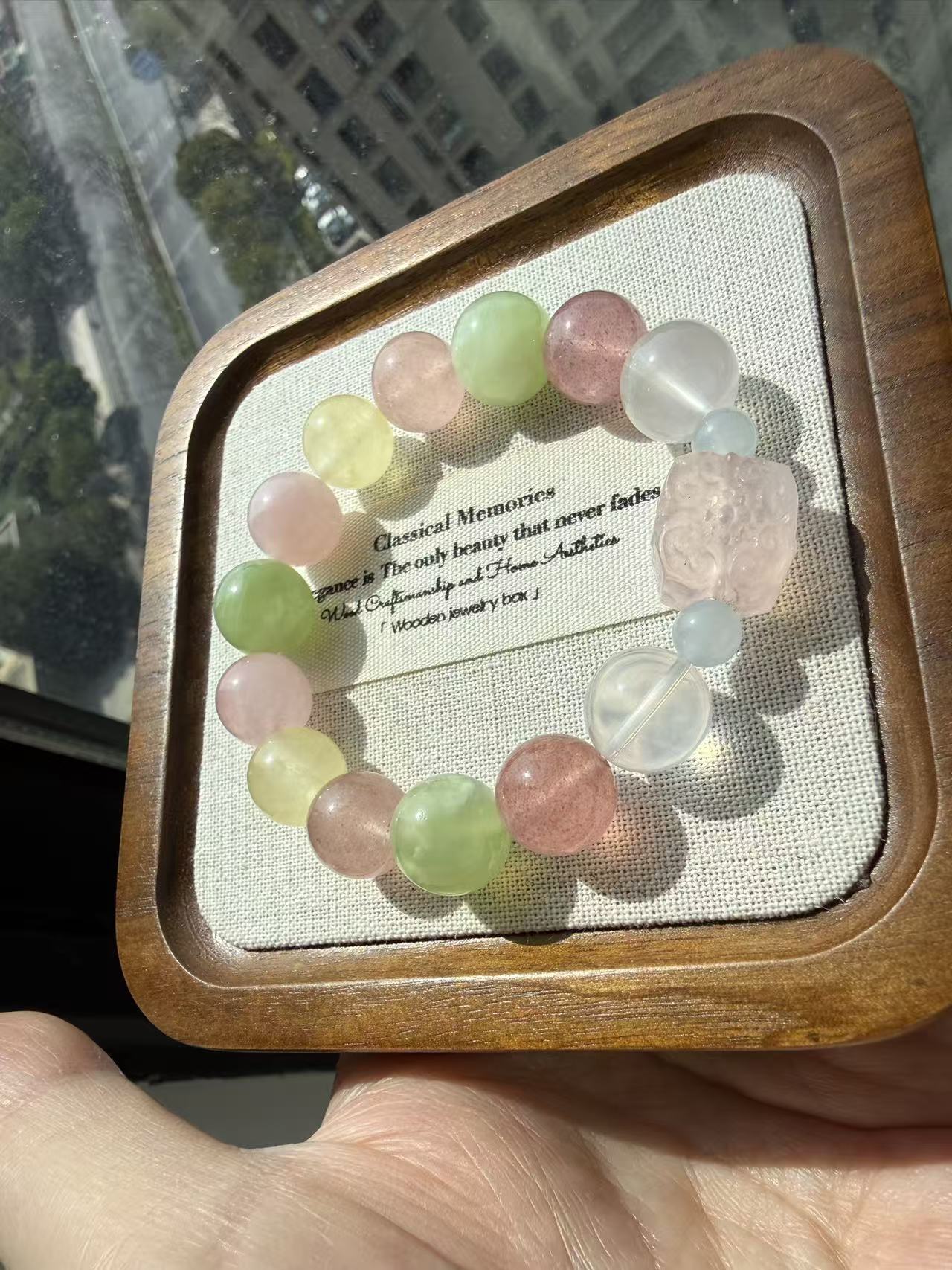 Pastel Multi-Color Crystal Beaded Bracelet with Rose Quartz Carved Charm - Healing Gemstone Jewelry for Women B65