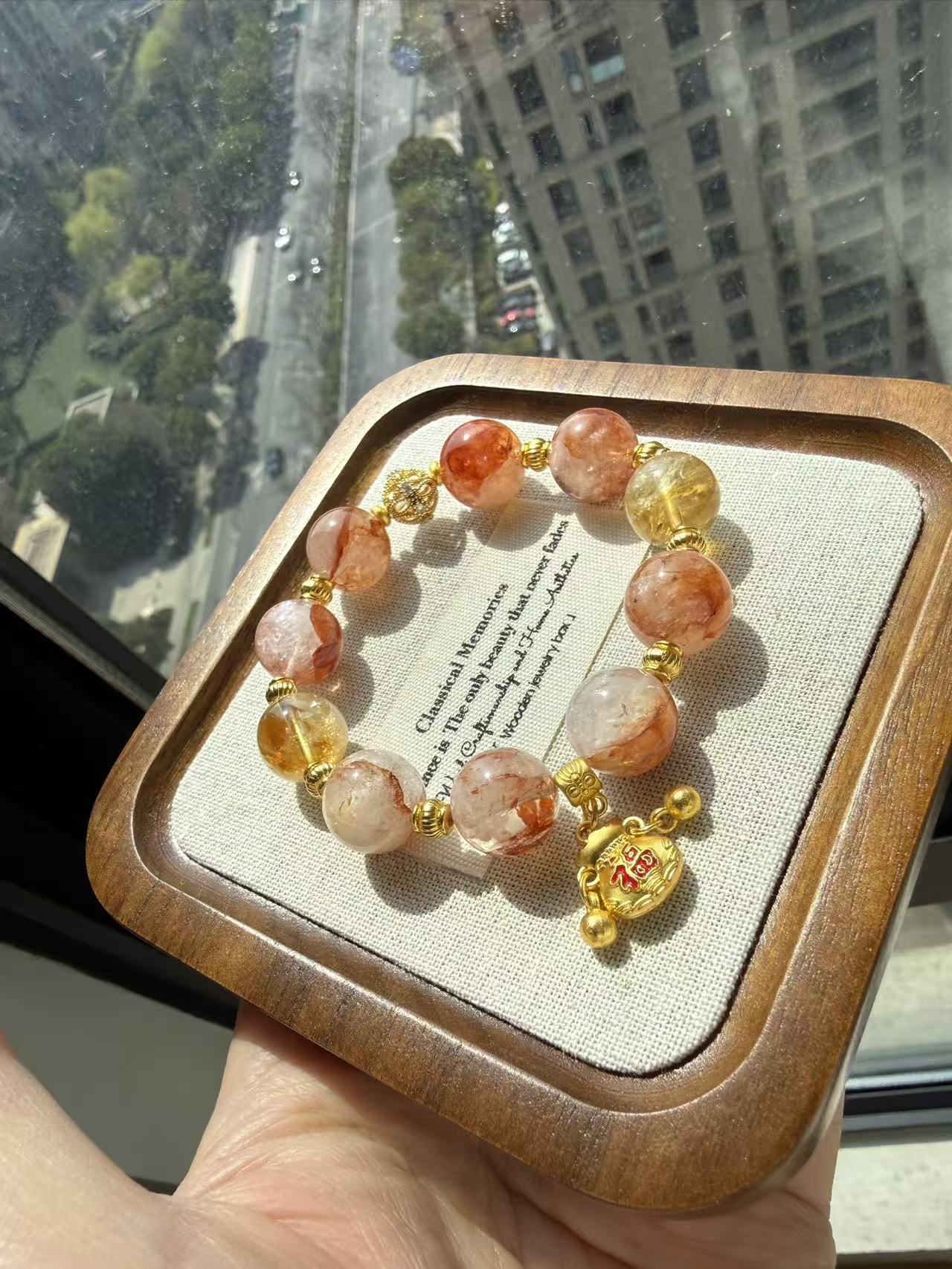 Red Hematoid Quartz & Citrine Beaded Bracelet with Gold Fu Charm - Lucky Healing Crystal Jewelry for Women B50